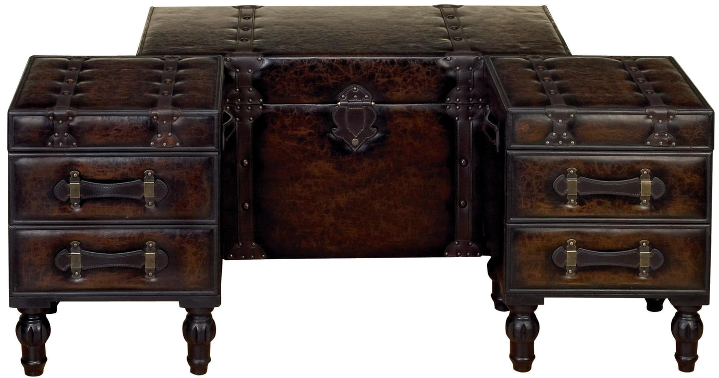 Deco 79 Faux Leather Home Bench Vintage 4 Drawer Entryway Benches with Faux Leather Straps and Studs, Set of 3 Bedroom Benches 37", 16", 16"W, Brown