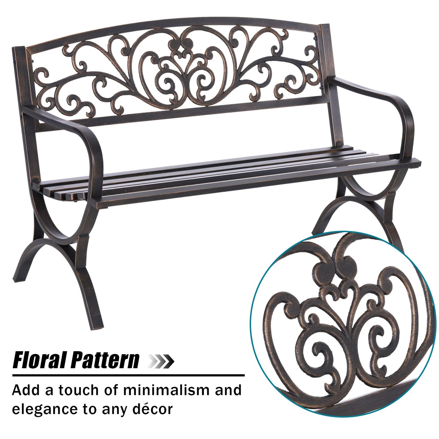 MFSTUDIO 50 Inches Outdoor Garden Bench, Cast Iron Metal Frame Patio Park Bench with Floral Pattern Backrest, Arch Legs for Porch, Lawn, Yard-Bronze