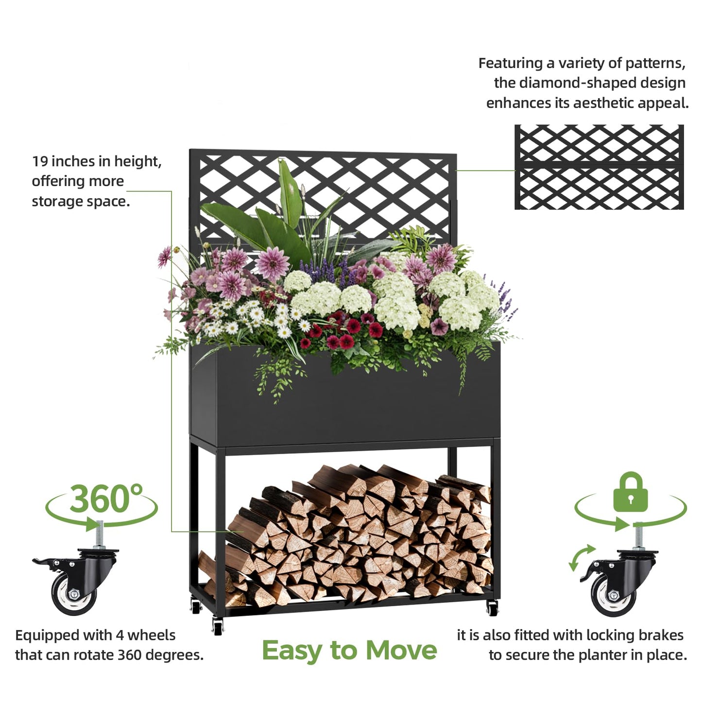 Diyfire Metal Planter Box with Trellis, 55"x35"x16"Metal Raised Garden Bed with Drainage Holes, Raised Garden Beds Outdoor, Privacy Planters Trellis for Climbing Plants, Patio,Garden, Wheels, Black