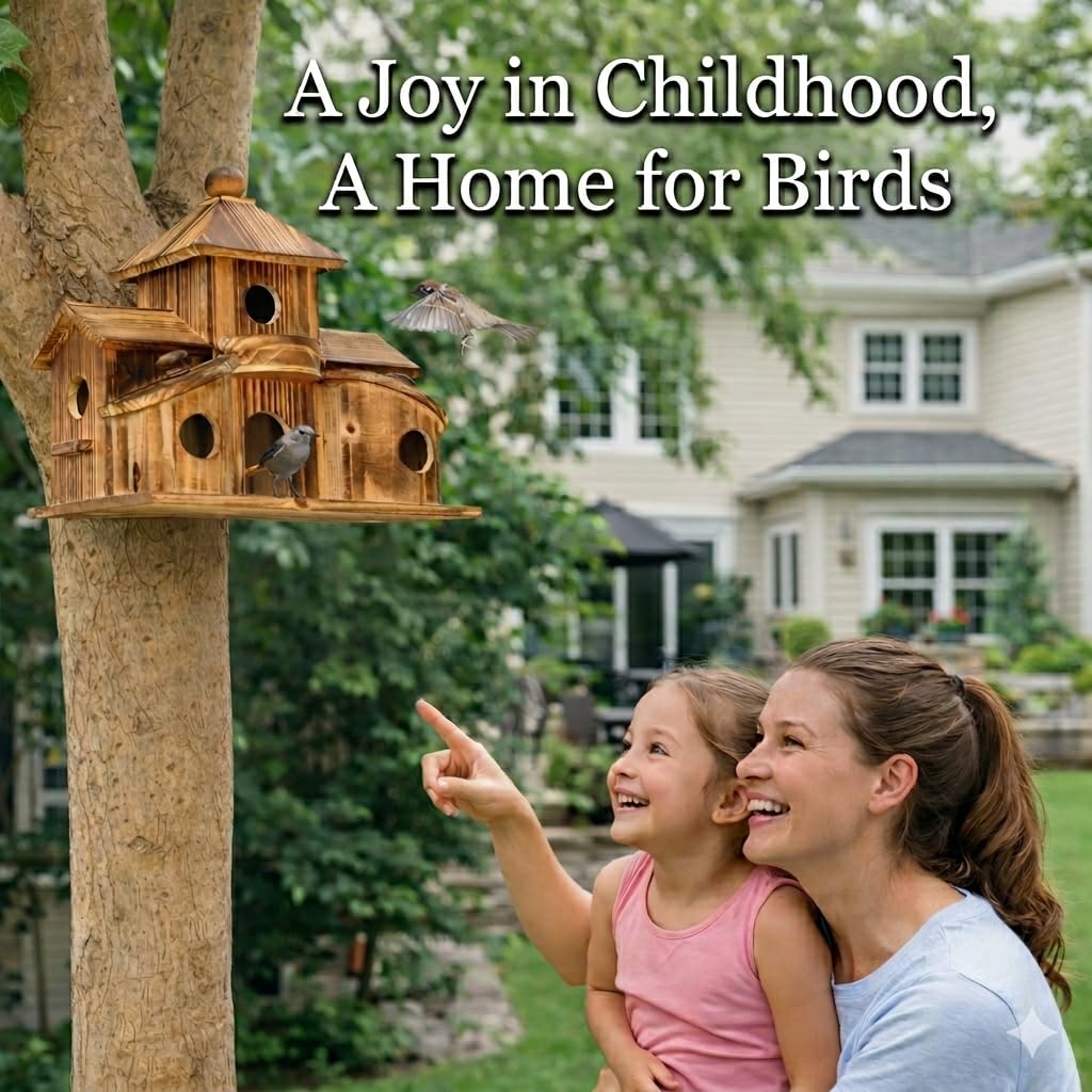 Bird Houses for Outside, Wooden 6 Hole Bird House Room for Multiple Birds, Outdoors Hanging Birdhouse Nesting Box for Garden, Bird Hotel for Wren Chickadee Sparrow