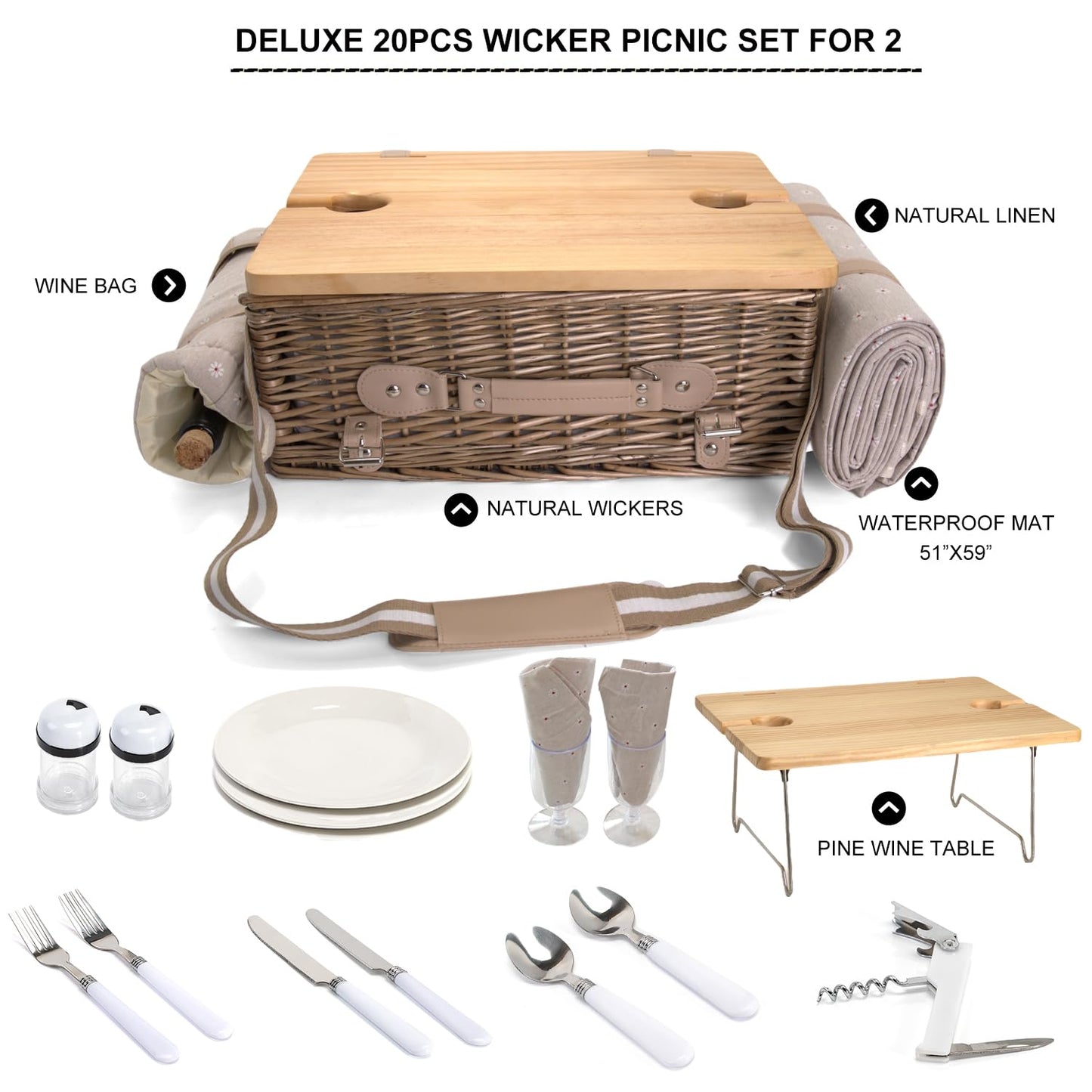 Multifunctional Wicker Picnic Basket Set for 2 with Blanket and Picnic Table, Insulated Picnic Set with Full Tablewares for Camping Outdoor Couples, Flowers