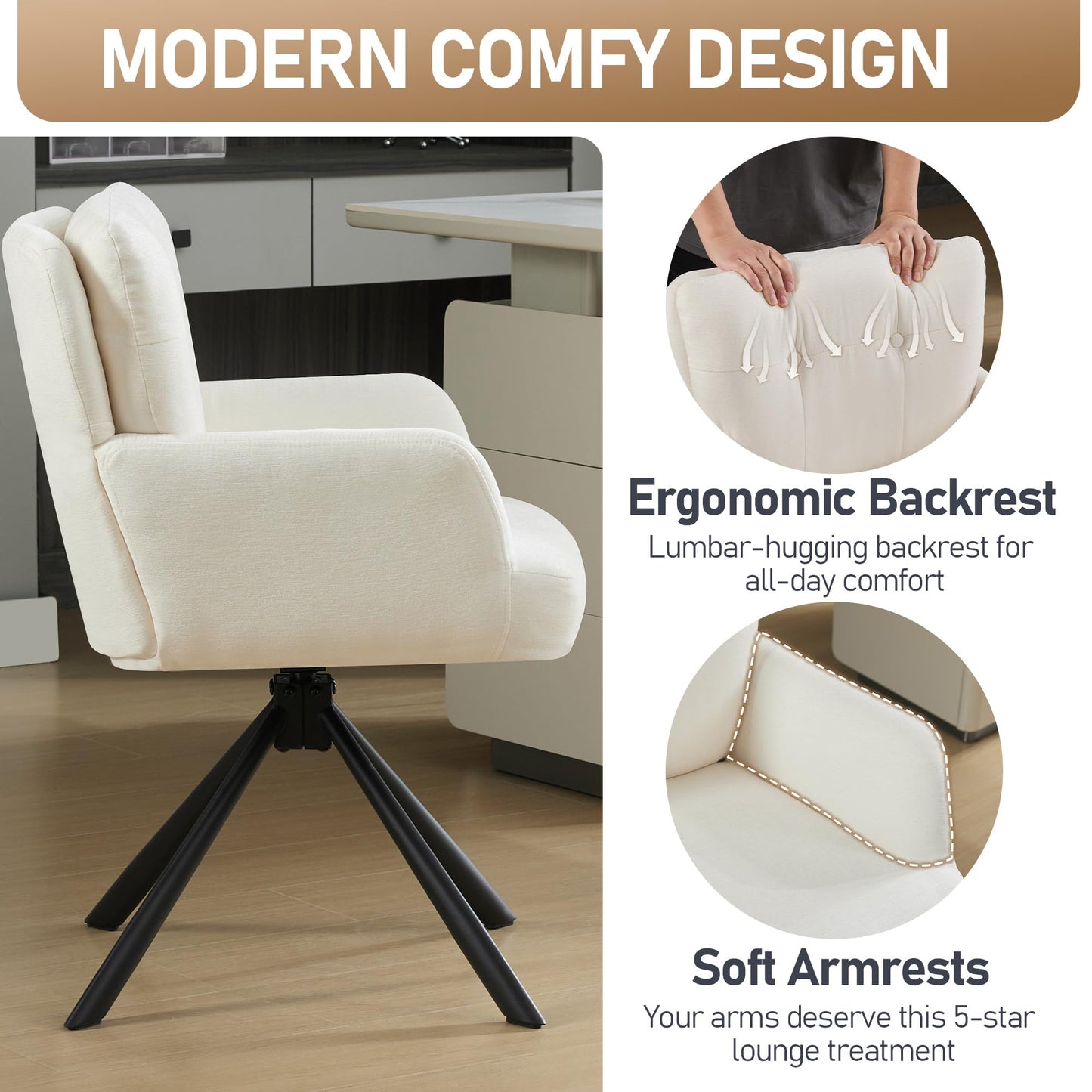 WUTUTUEE Fabric Dining Chair Modern Upholstered Swivel Dining Room Chairs Comfy Accent Armchair with Mid Back, Desk Arm Chair No Wheels for Kitchen/Living Room/Home Office, White