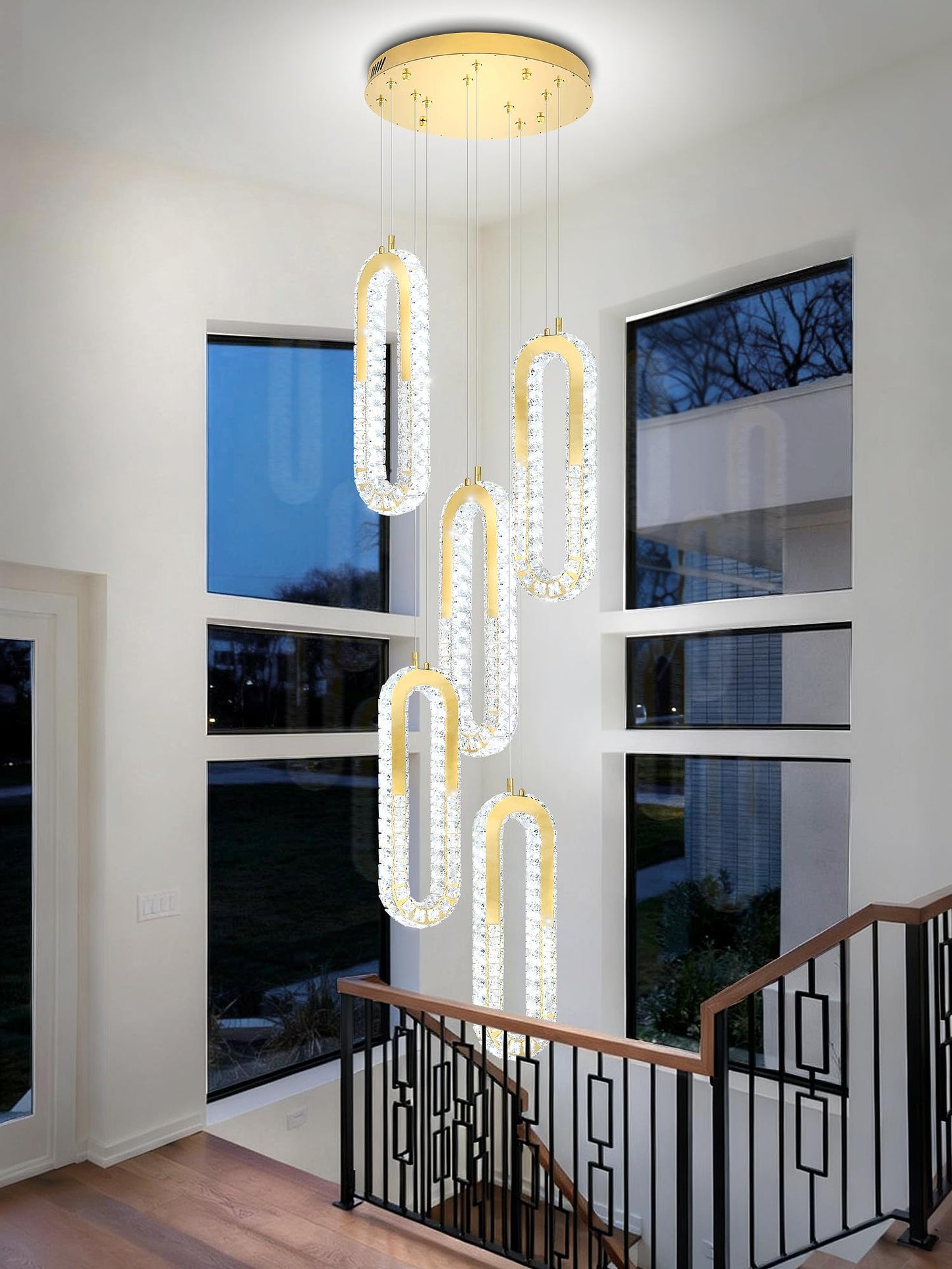 ykolupty 5-Lights Modern Crystal Chandelier for High Ceiling LED Dimmable Ring Pendant Chandeliers Stairwell Chandelier Lighting Gold