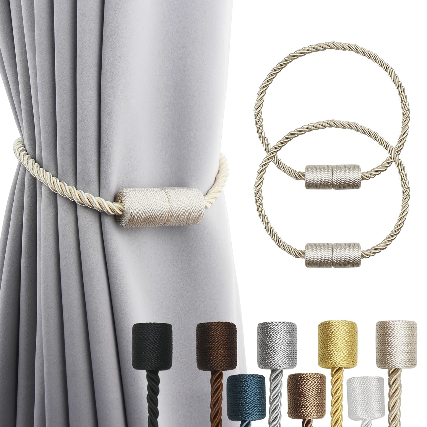 Porlau 2 Pack Beige Strong Magnetic Curtain Tiebacks Outdoor Elegant Decorative Tie Backs Modern Rope Tiebacks for Drapes Window Curtain Holdbacks for Draperies