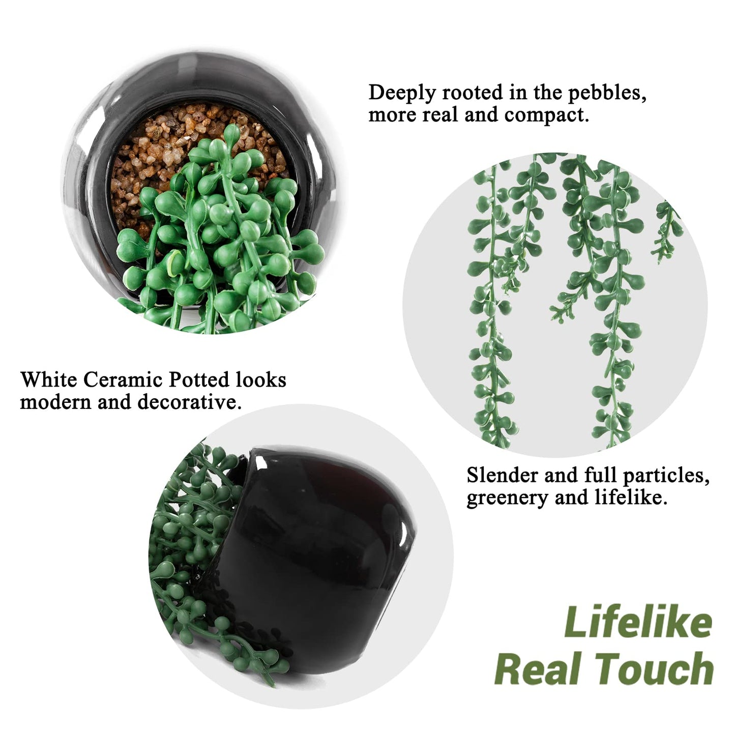 Tiita Artificial Hanging Plants, Faux Succulents in Pots, Realistic String of Pearls Plants for Home Office Accessories Window Sill Bathroom Bedroom Fake in Black Ceramic Pots, Set of 2
