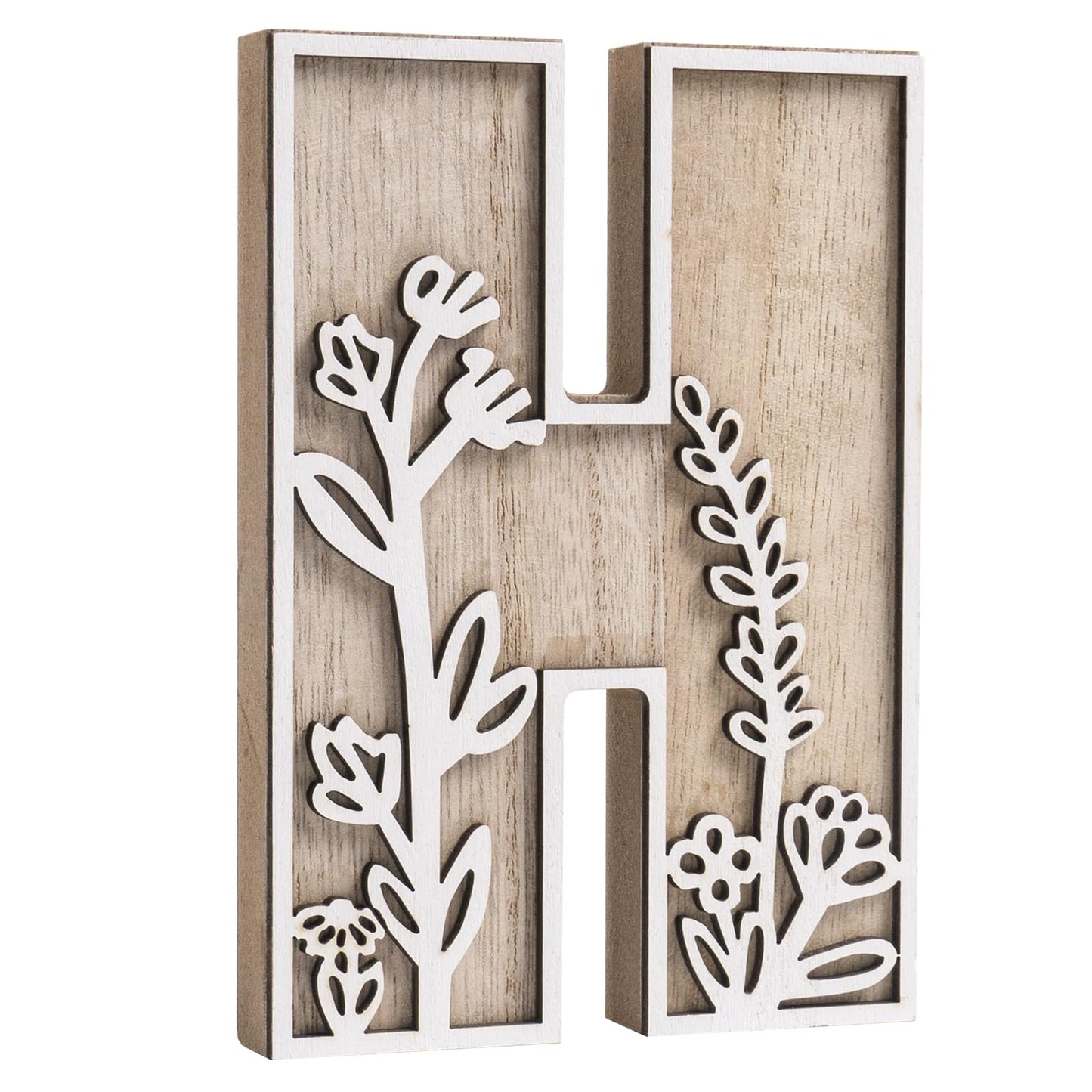 caiydramy 3D Layered Floral Paintable Initial Wooden Letters for Wall Decor, 4.9" Alphabet Letters for Crafts Letter H Tabletop Decor, Boho Nursery Name Sign, Rustic Wedding Birthday Home Decorations