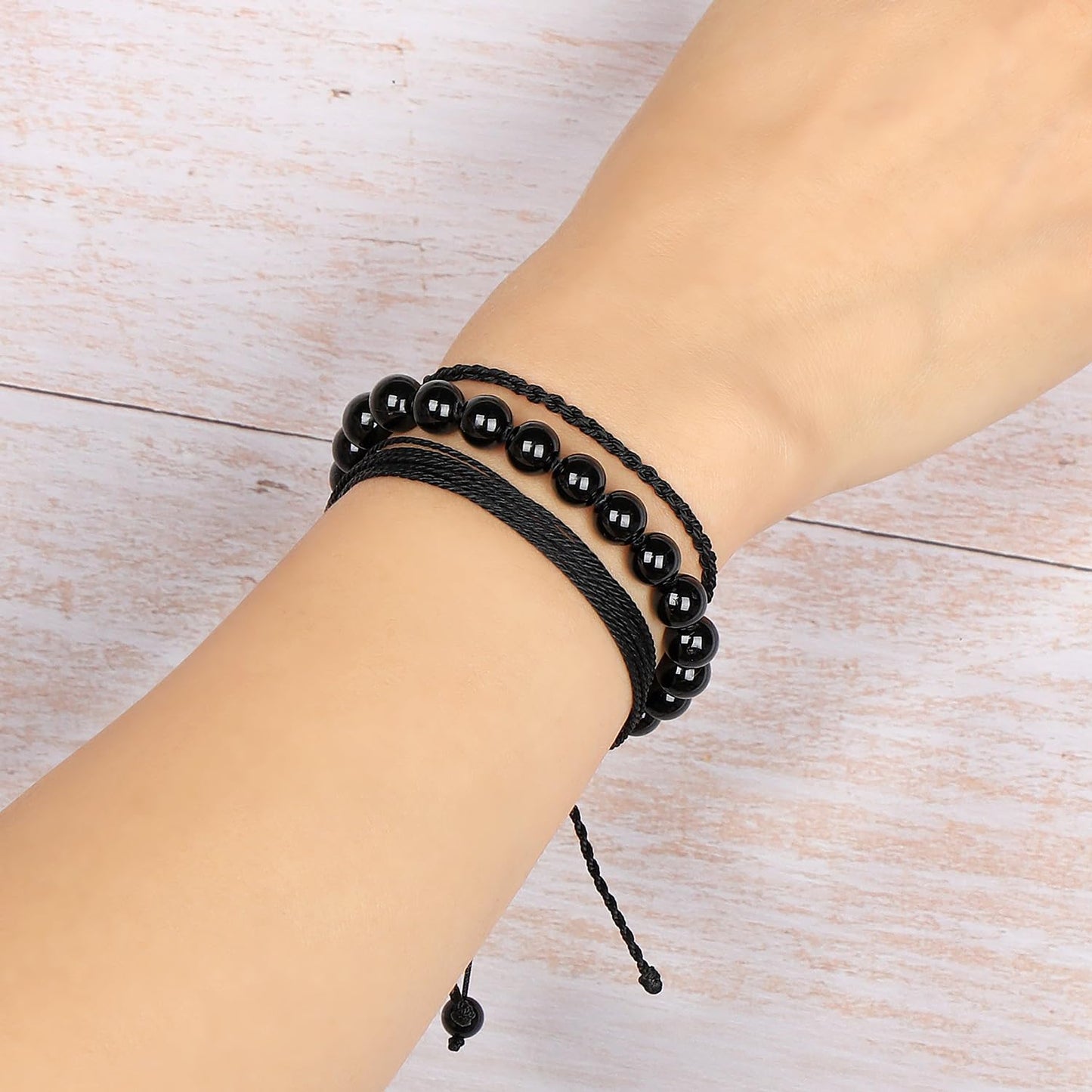 QOGIR Handmade Healing Stones Bracelet,8mm Natural Black Tourmaline Gemstone Beads Bracelet,for Men Women Gifts with 2PCS Size Adjustable Rope Bracelets