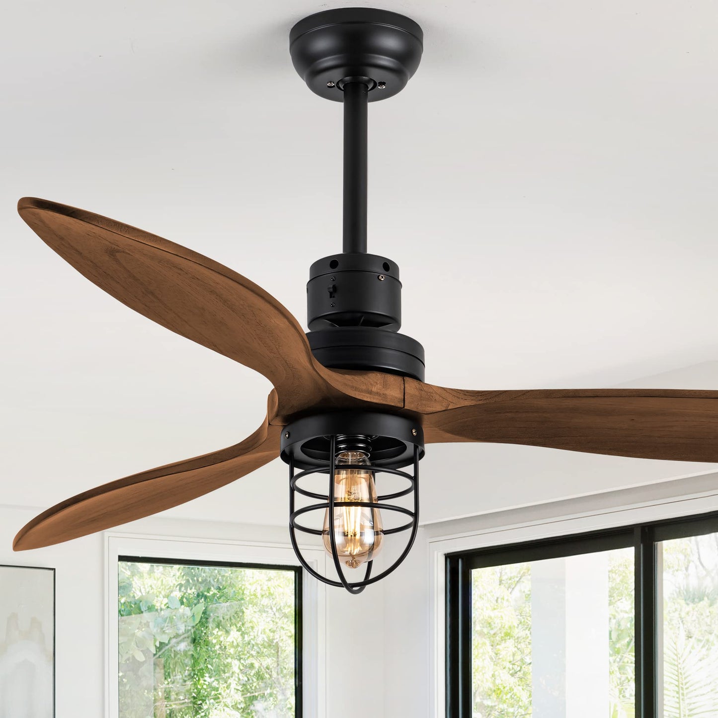 WWM 52 in Farmhouse Outdoor Ceiling Fan with Light, Modern Bedroom Fans with Remote, 3 Wood Blades Industrial Outdoor Ceiling Fans for Patios with Reversible Motor