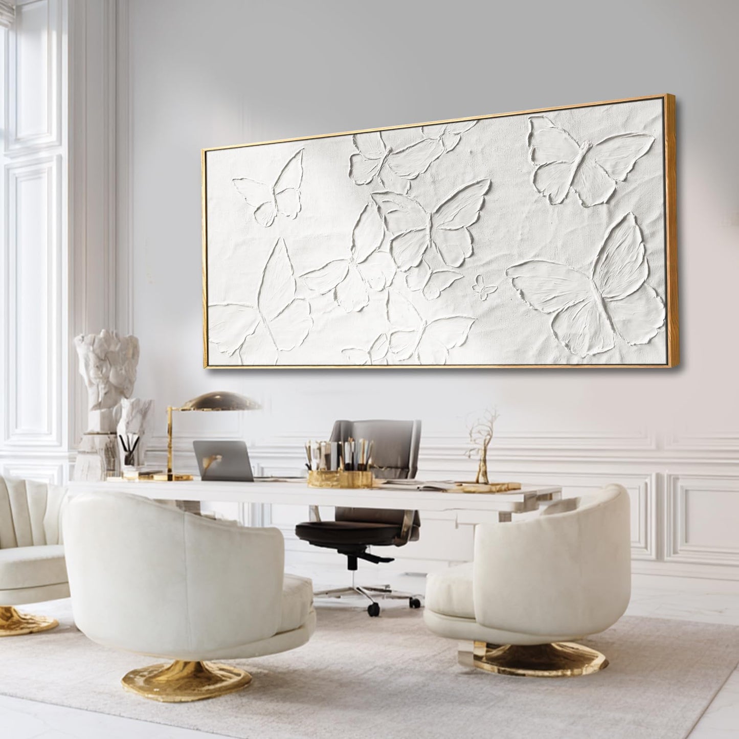 Hand-painted Butterfly Canvas Wall Art, 32x70 Inch White Abstract Framed Artwork for Living Room Decor