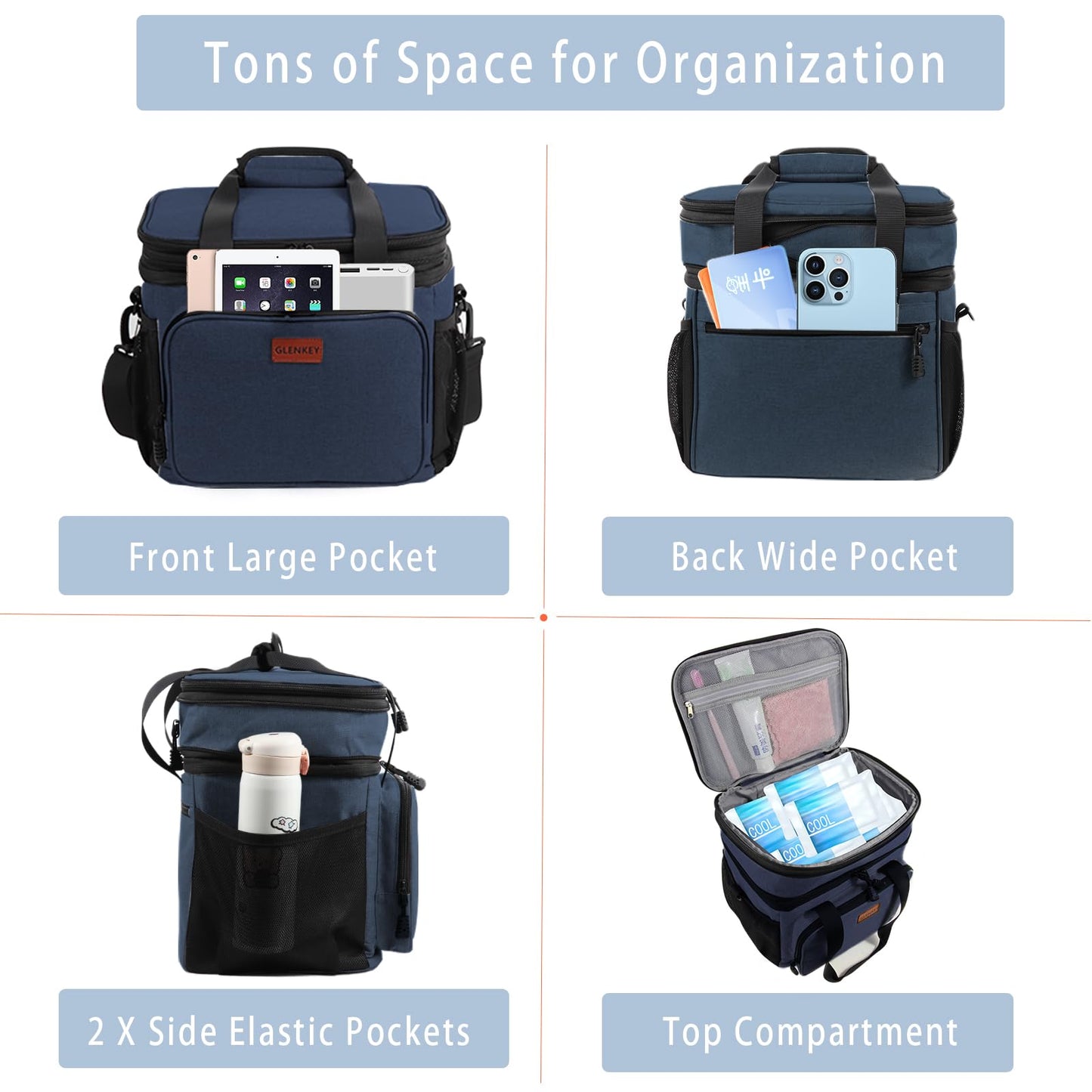 Expandable Large Lunch Box, Insulated Heavy Duty Lunch Bag Waterproof Leakproof Durable Cooler Bag for Men Women Adults Work Construction Camping Trip, 16L, Blue, GLENKEY
