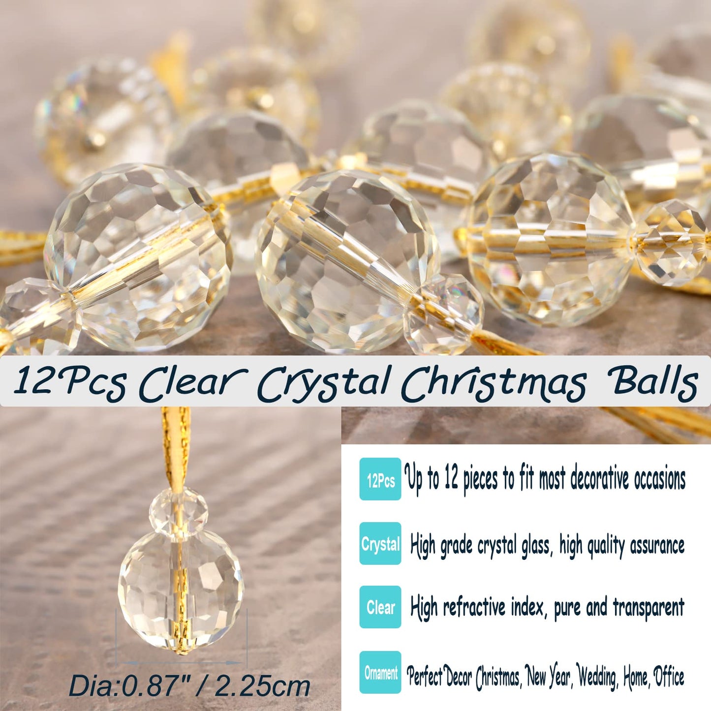 12 Pcs Clear Crystal Glass Christmas Balls Ornaments, 0.87" Mini Prism Ball Christmas Tree Decorations, Hanging Crystal Ornament Clearance for Xmas Wedding Party Home Decor(Clear)