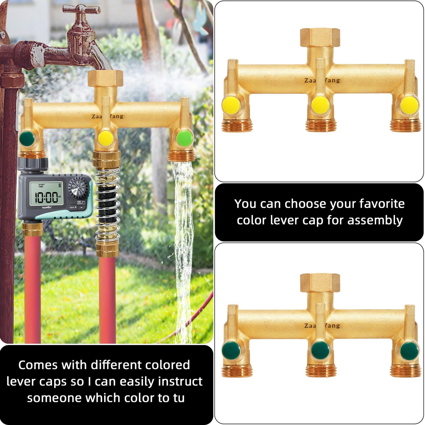 Heavy Duty 3-Way Garden Hose Splitter with Shutoff Valve and Long Handle Outdoor Faucet Diverter, 3/4’ GHT Threads