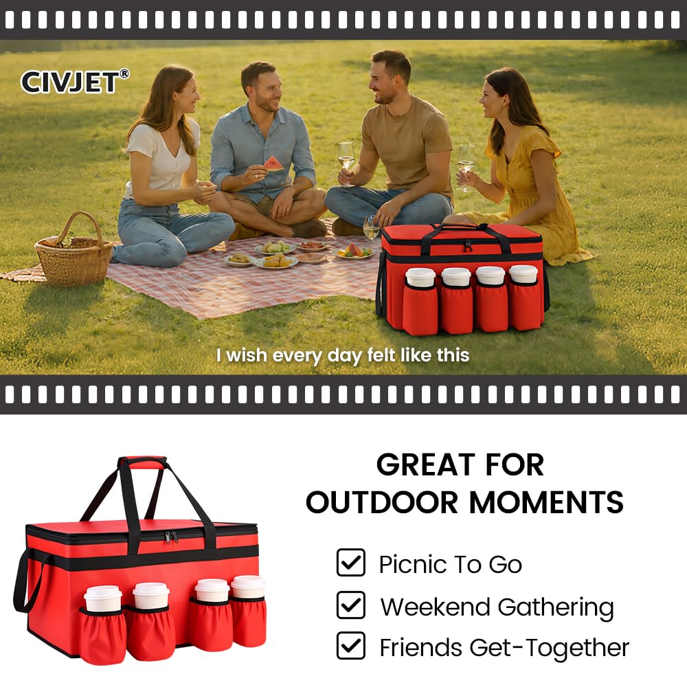 CIVJET Insulated Food Delivery Bag with 4 Cup Holders, XXX-Large Commercial Grade Insulated Grocery Bag, Keep Food Hot/Cold, Heavy Duty Cooler Bag with Drink Carrier, Catering Food Carrier, Red
