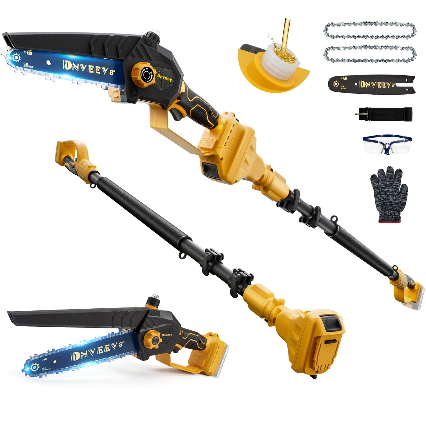 Dnveey 8-Inch Cordless Pole Saw for Tree Trimming, Compatible with DeWalt 20V Max, 15.6FT Extendable 2-in-1 Mini Chainsaw & Tree Trimmer, 800W Brushless [Tool Only - No Battery]
