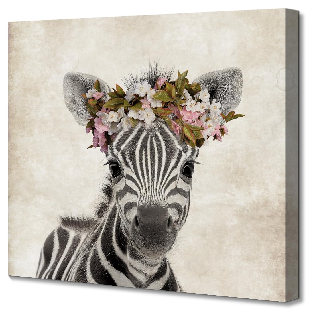 Framed Baby Nursery Wall Art Decor Cute Zebra with Garland Pictures Painting Retro Zebra Portrait Artwork Cute Safari Animals Prints for Kids Playroom Decoration Gifts for Boys Girls 12x12inch