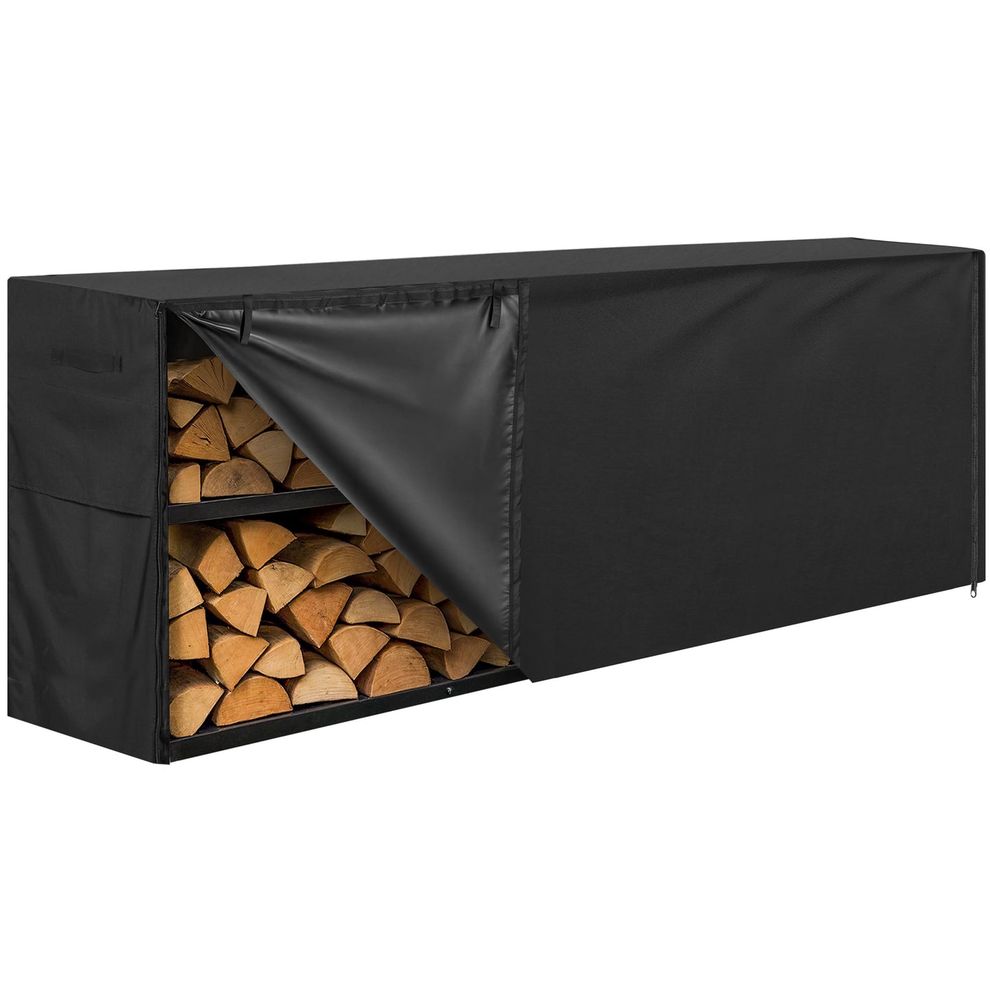8ft Waterproof Firewood Rack Cover - Heavy Duty Black 600D Oxford Fabric - Indoor Or Outdoor Firewood Log Cover with Zipper & Adhesive Closing Strips - Rack NOT Included - Black