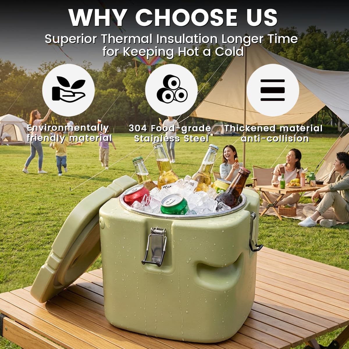 2.5 Gallon Insulated Soup Container Commercial Food Warmer for Hot or Cold Food, 11QT Hot Box for Catering, Food Cooler with 4 Buckles Handles for Restaurant, Canteen,Home (Green)
