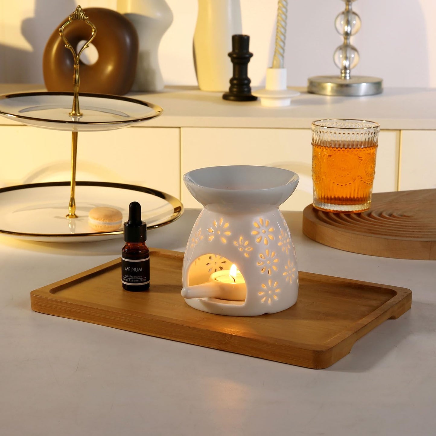 Auxmeware - Ceramic Tea Light Candle Holder, Essential Oil Burner Wax Melt Burner, Incense Aroma Diffuser, Home Decor