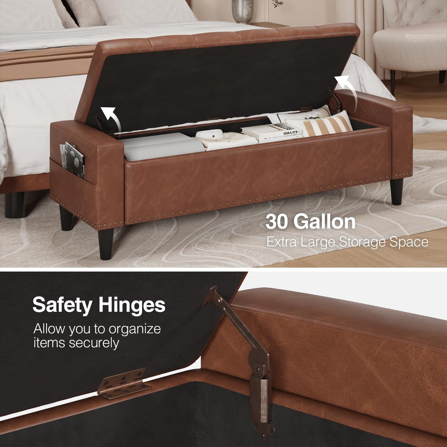 60" Storage Ottoman Bench, Faux Leather Bed Bench with Tufted Buttons and Nailhead Trim, Large Upholstered Ottoman with Storage for King Size End of Bed, Bedroom, Living Room, Entryway, Hallway, Brown