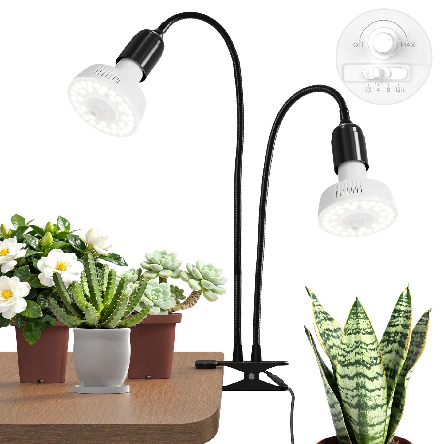 Barrina Orbgrow OG11A2 Clip On Grow Lights for Indoor Plants, Integrated Stepless Dimming & Timing, 5000K 22W(2 x 11W, 200 Watt Equiv), Full Spectrum 2-Gooseneck with E26 Plant Light Bulbs