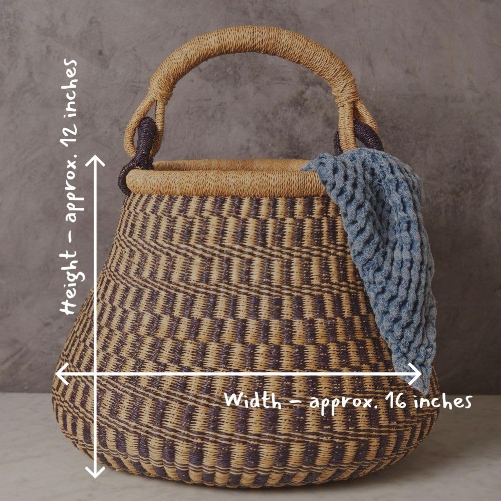 Wicker Storage Basket for Home, Natural and Navy, 16 Inch Wide