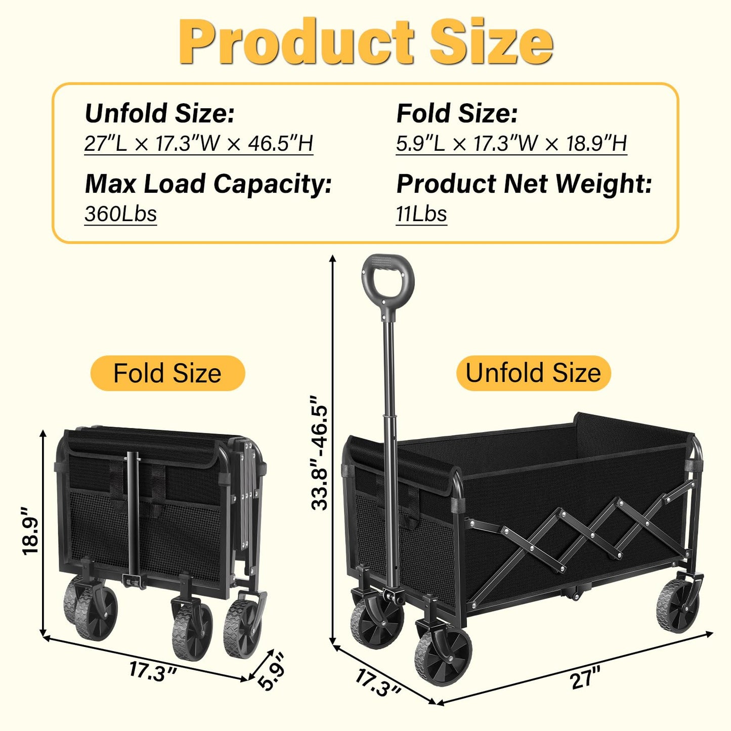 Wagons Carts Foldable - Collapsible Wagon 360Lbs, Folding Wagon Cart with Wheels, Foldable Wagons Portable for Groceries, Sports, Camping, Storage, Travel, Shopping -Jet Black
