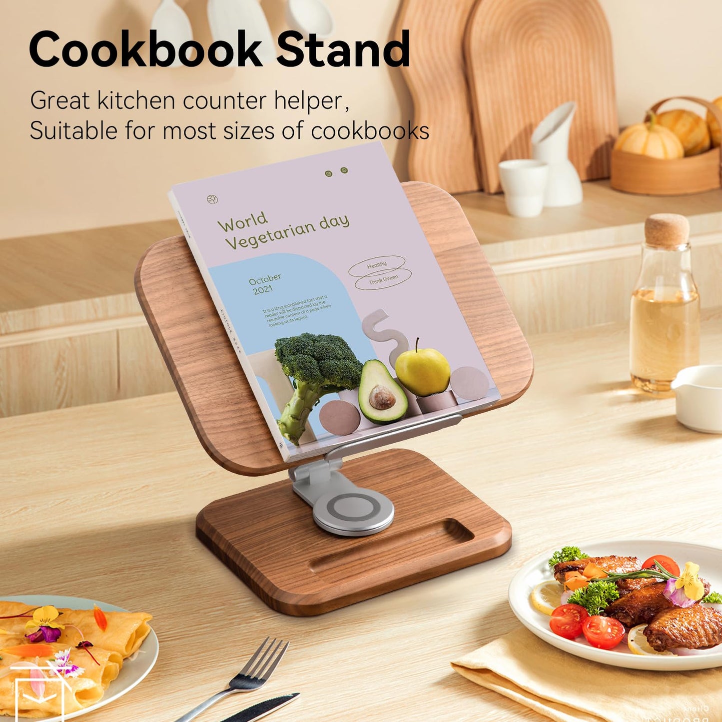 Book Stand for Reading, Mayhas Adjustable Book Holder with 360° Swivel Base&Page Clips, Foldable Desktop Stand for Cookbook, Fits All Books (Cherry Wood, Wood Base)