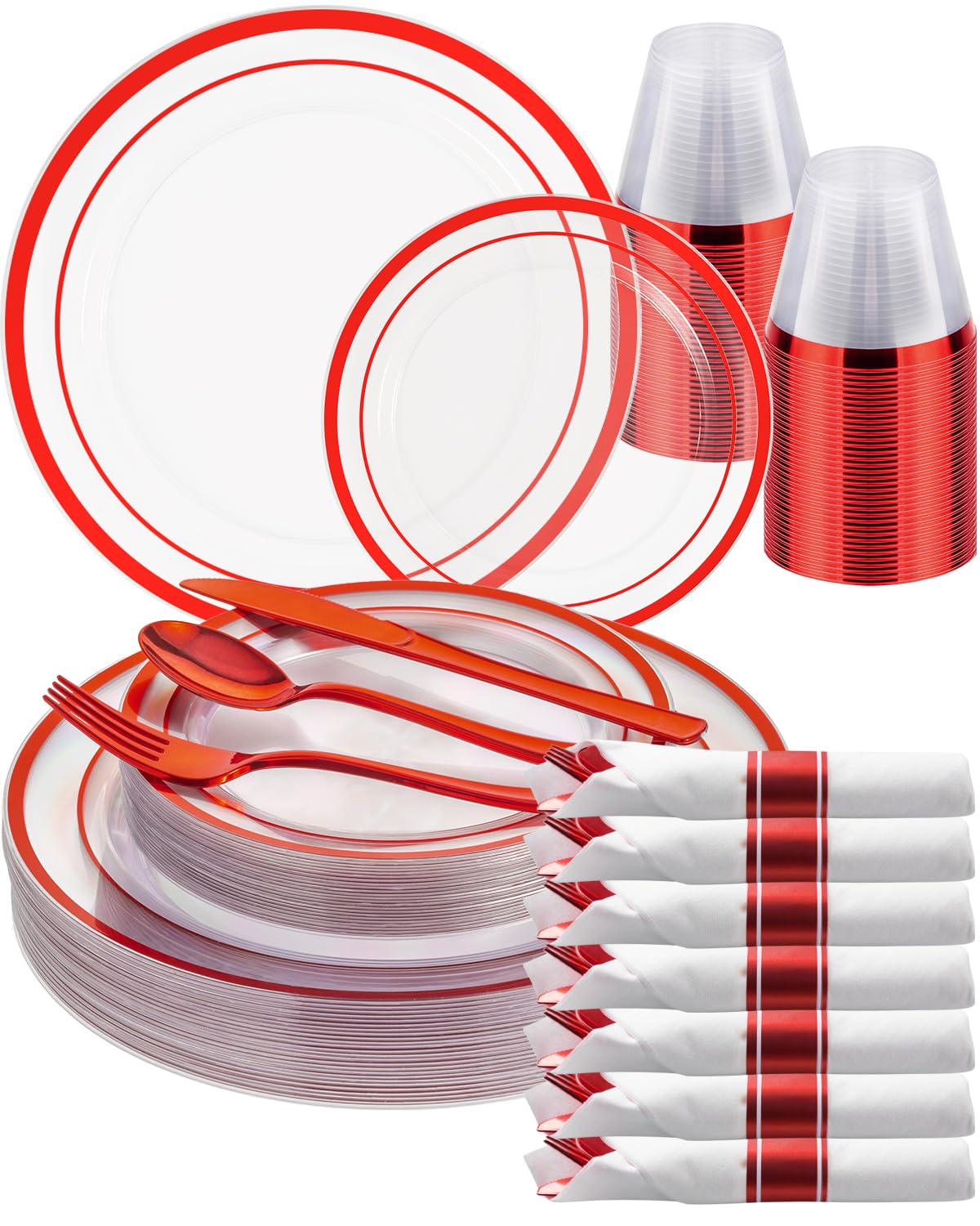 Goodluck 175 Pcs Red Plastic Plates, Clear Plastic Silverware Disposable Plates Set, Include 50 Plates, 25 Pack Pre Rolled Napkins with Silverware, 25 Cups for Party, Christmas, Graduation, Wedding
