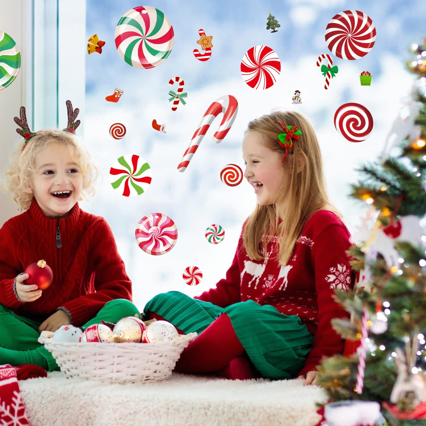 83 Pcs Peppermint Floor Decals Stickers Set Self Adhesive Candy Cane Stickers for Christmas Candy Party Decoration