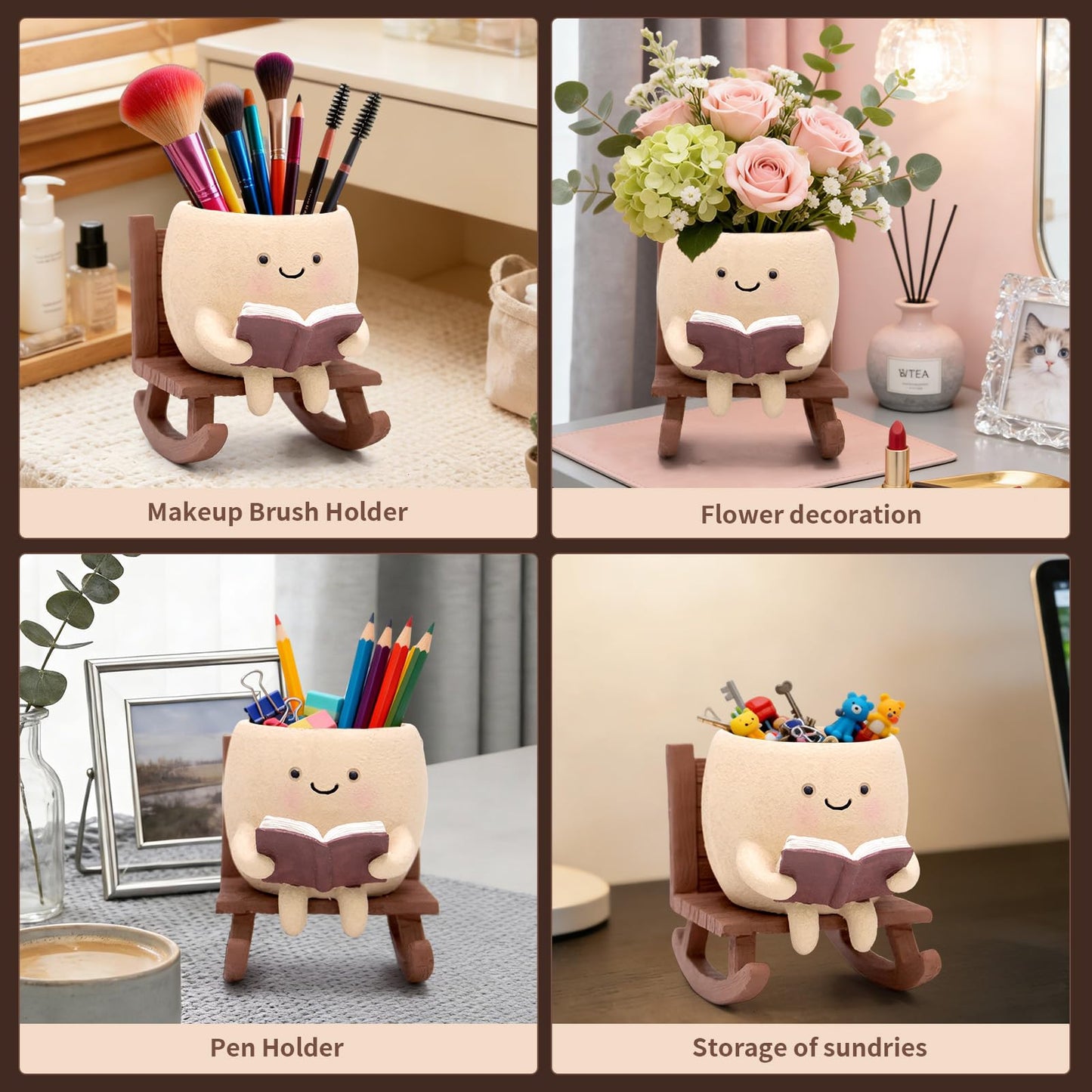 YOUOIVIA Rocking Chair Book Planter, Cute Smiley Face Succulent Plant Pots for Indoor Outdoor Plants, Unique Funny Flower Pots with Drainage Hole, Plant Gifts for Mother's Day, Birthday, Christmas