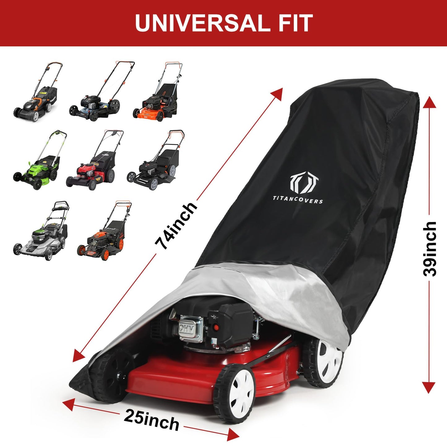 TitanCovers Lawn Mower Cover with PA Coating & Double Drawstring & Storage Bag, Heavy Duty 600D Polyester Oxford Push Mower Cover, Waterproof Lawnmower Covers for Outdoor