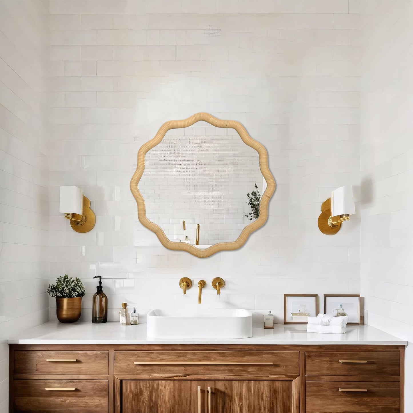 FUIN 20" Round Rattan Wall Mirror, Scalloped Wavy Wicker Frame – Handwoven Natural Boho Decor for Bathroom Vanity, Nursery & Entryway – Distortion-Free Glass