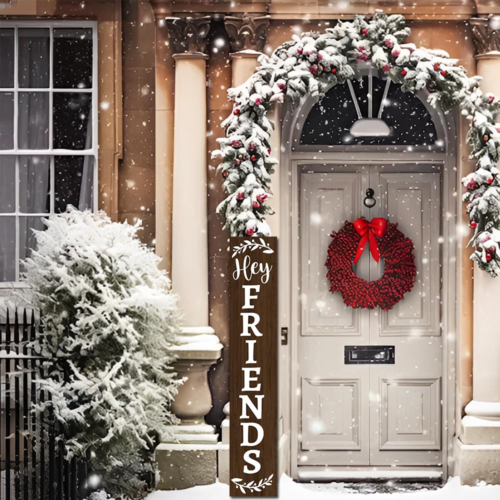 Houseuse (48inx8in Hey Friends Front Porch Sign Xmas Door Sign Merry Hanging Signs Christmas Decoration Farmhouse Outdoor Yard Housewarming Gifts