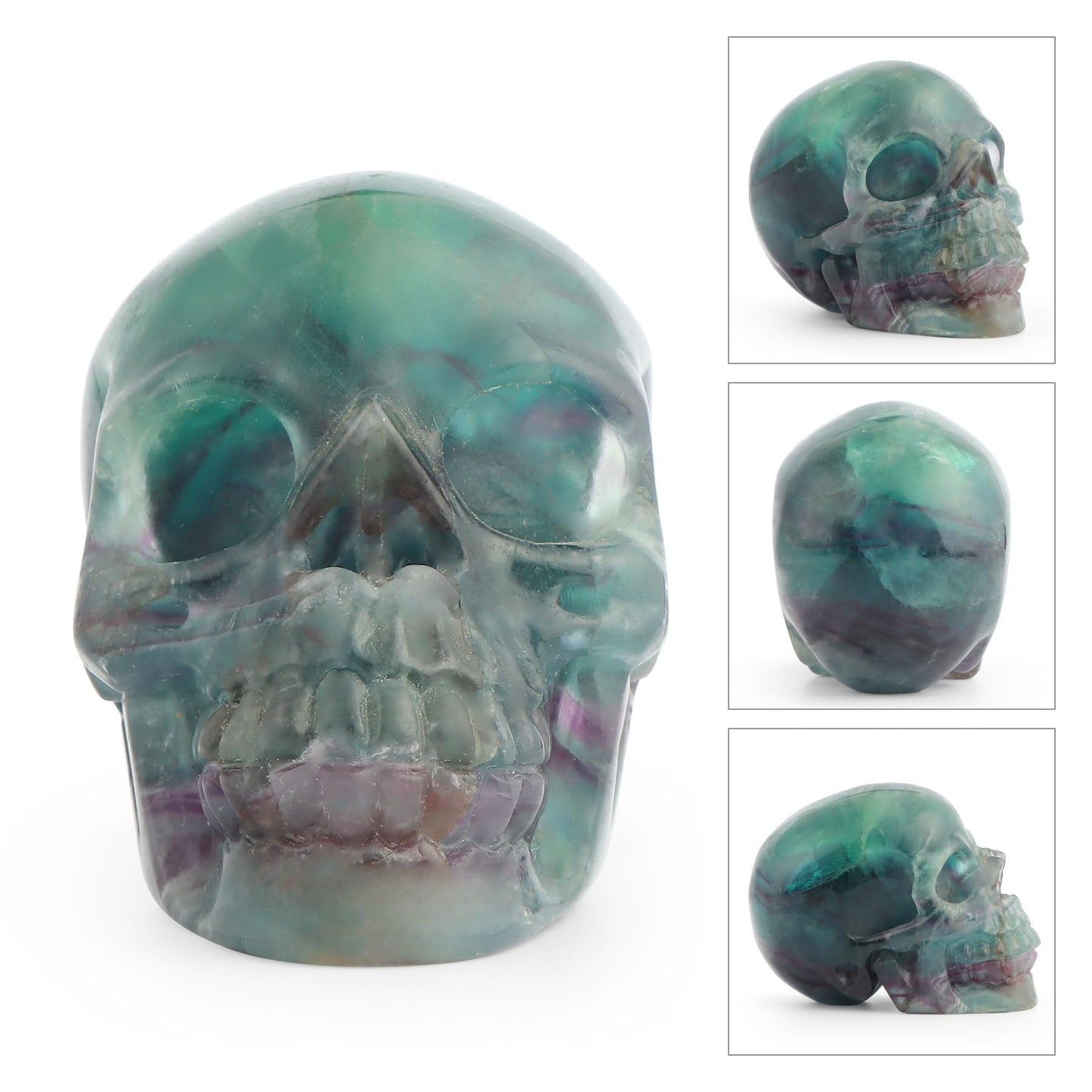 LEADGEM Crystal Skull Head Statue Hand Carved 3.0" Rainbow Fluorite Polished Gemstone Skull Stone Figurine Crafts Ornament for Home Office Halloween Decor