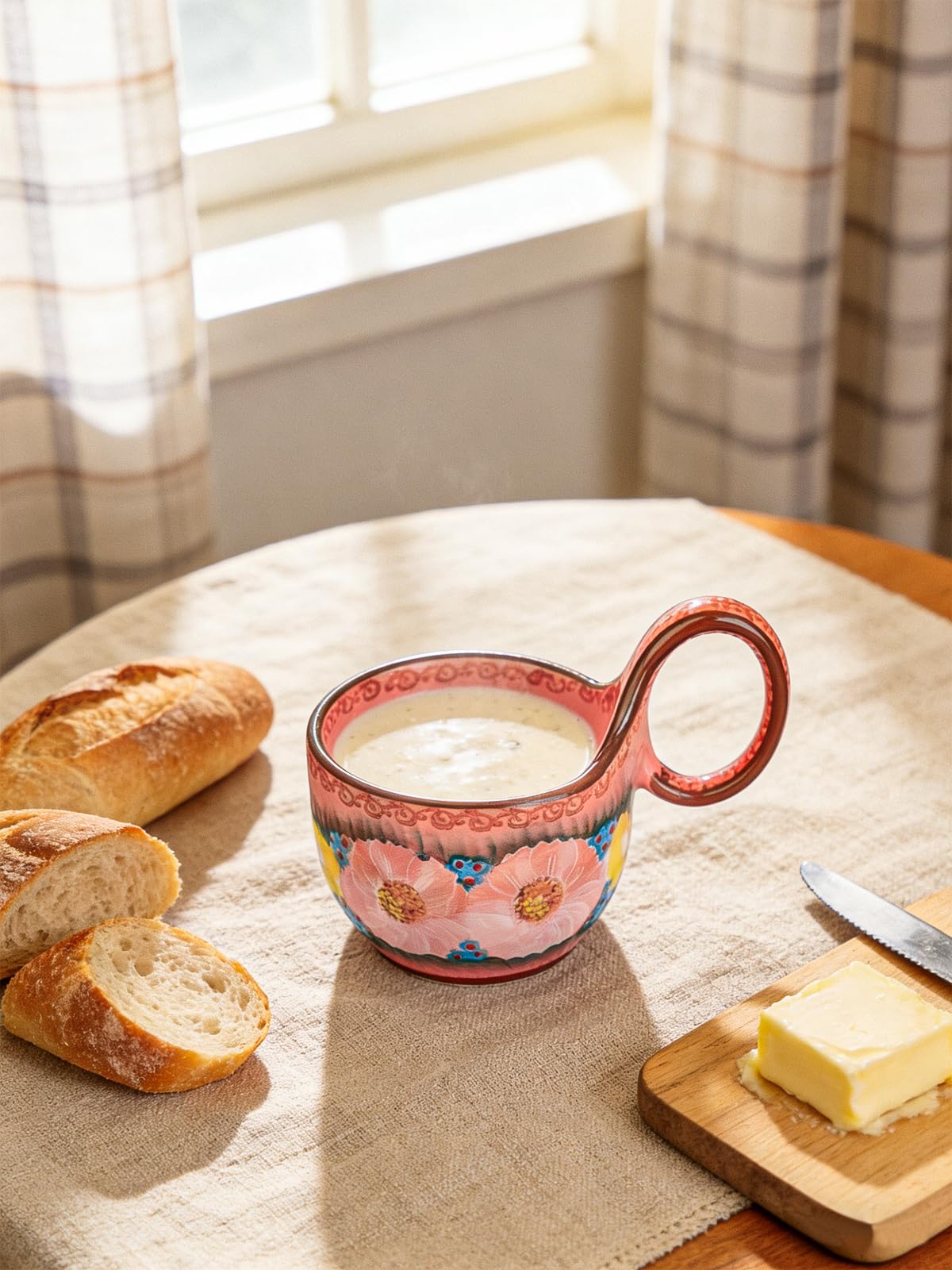 silesia Handmade Ceramic Soup Bowl with Loop Handle, Hand Painted Floral Cereal Bowl, Artisanal Soup Mug for Chili, Stew, Oatmeal, Microwave Safe, Glazed Pink