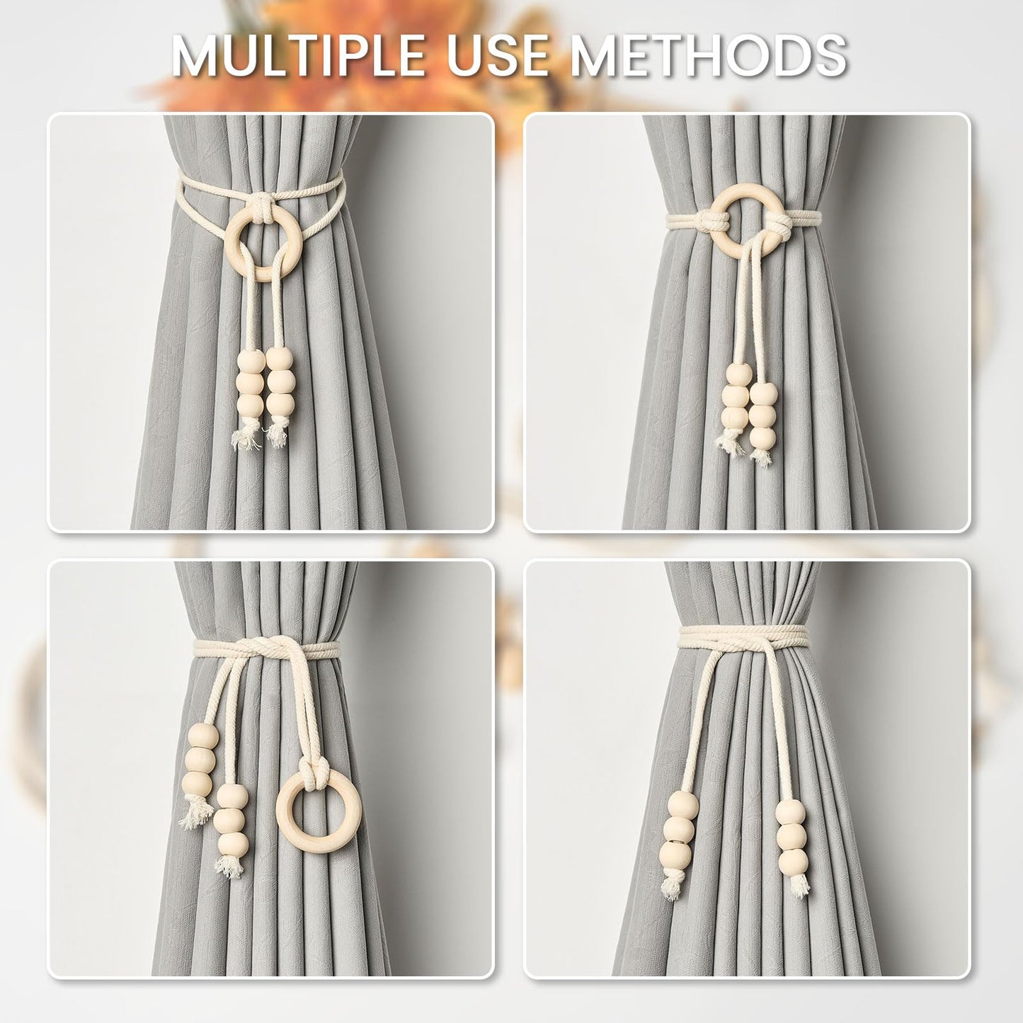 NICEEC 2 Pack Natural Cotton Rope Curtain Tiebacks Boho Style Decorative Drape Tie Backs Elegant Hand Woven Rope Curtain Holdbacks with Wooden Ring for Home & Office Window Drapery (B-Natural)
