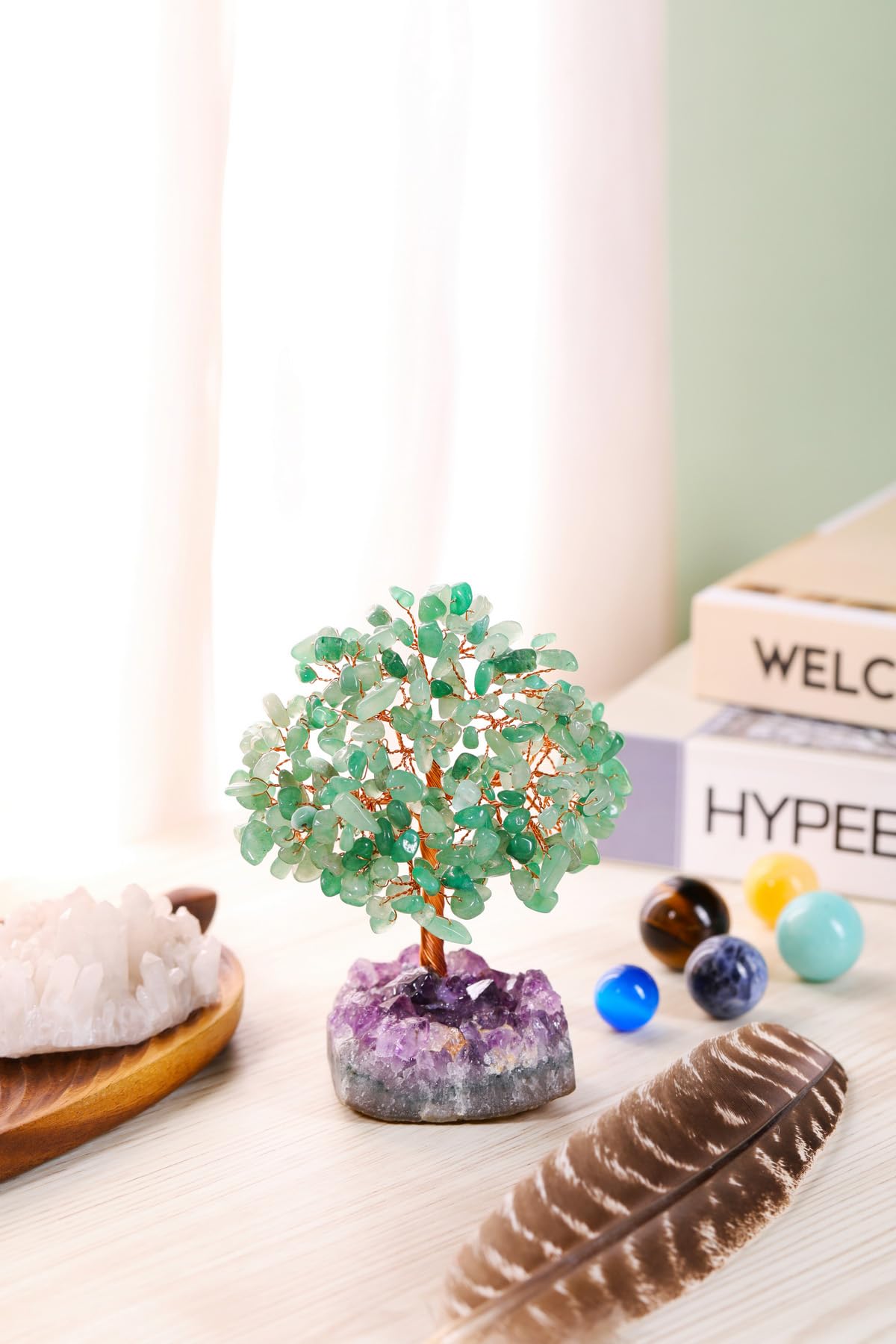 Jovivi Natural Green Aventurine Healing Crystal Money Tree on Amethyst Cluster Geode Druzy Base Feng Shui Crystals for Home Office Desk Decorations, Wealth, Good Luck