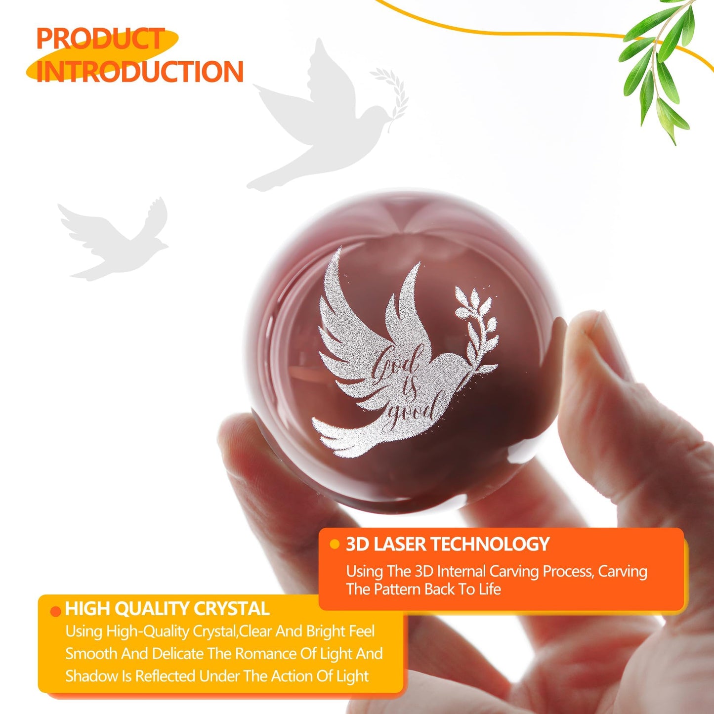 ZEERSHEE 60mm Glass Peace Dove Ball Laser Etched Dove with Olive Branch Crystal Pigeon Ornament with Stand Decor for Home Table