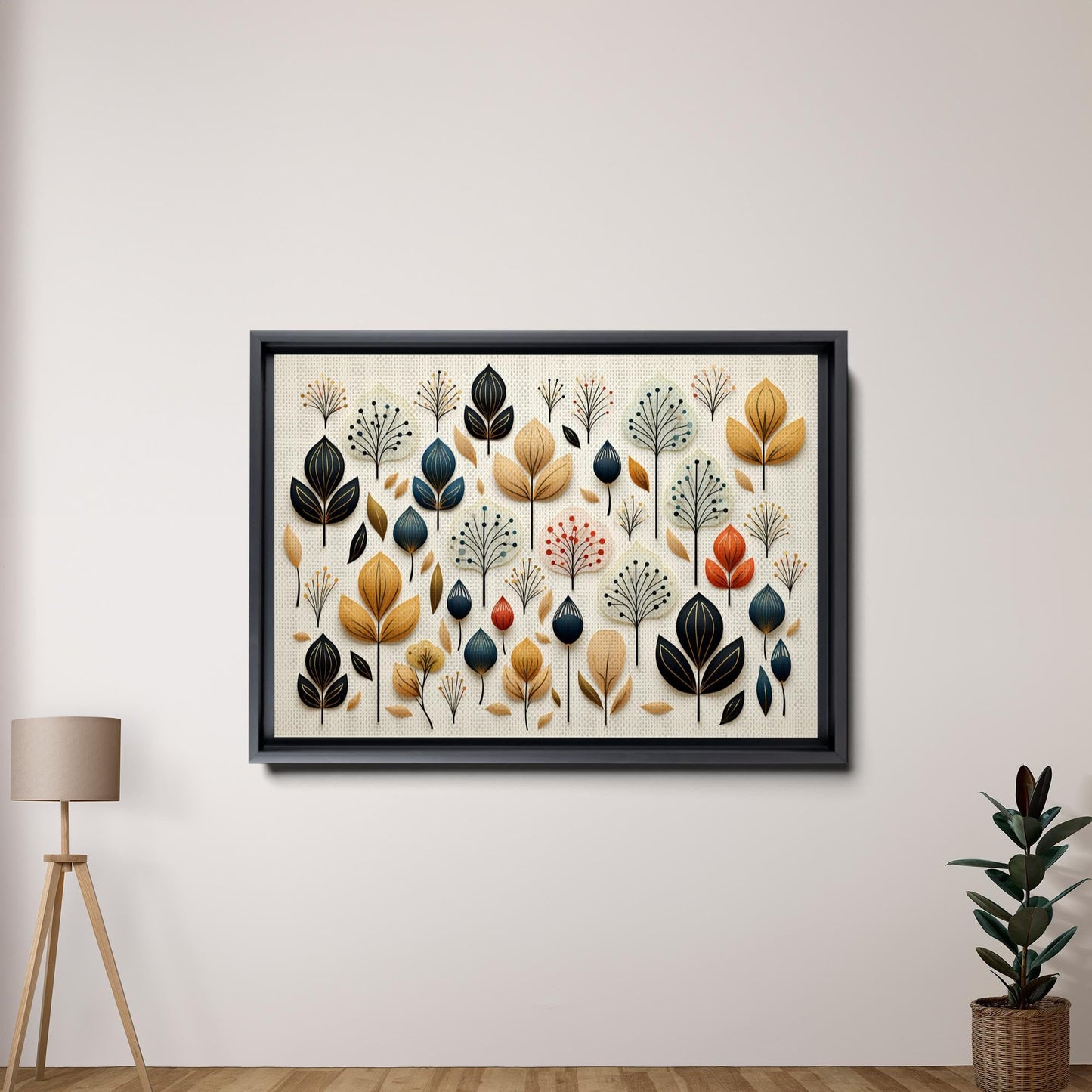 Scandinavian Folk Art, Black and Beige Abstract Botanical Wall Art for Scandinavian Home Decor, Decor Canvas, Art Print