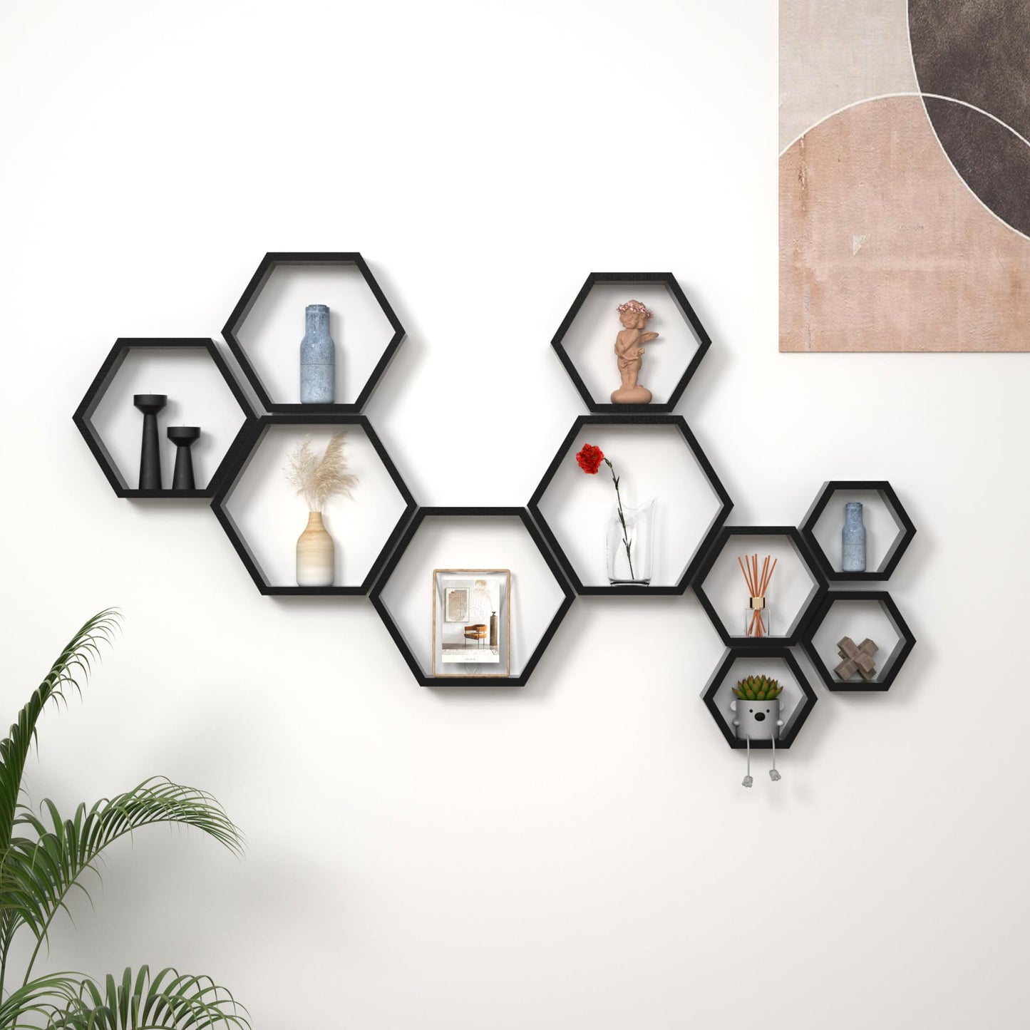 WONFUlity Hexagon Floating Shelves Honeycomb Shelves Wall Mounted Wood Farmhouse Storage Wall Shelf for Bathroom, Kitchen, Bedroom, Living Room,Driftwood Finish Decor, Black