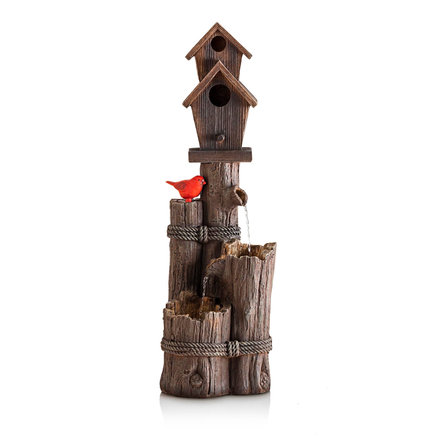 Alpine Corporation 35" Tall Outdoor 3-Tier Birdhouse Water Fountain with Cardinal Accent, Rustic Floor Decor for Garden and Patio, Brown