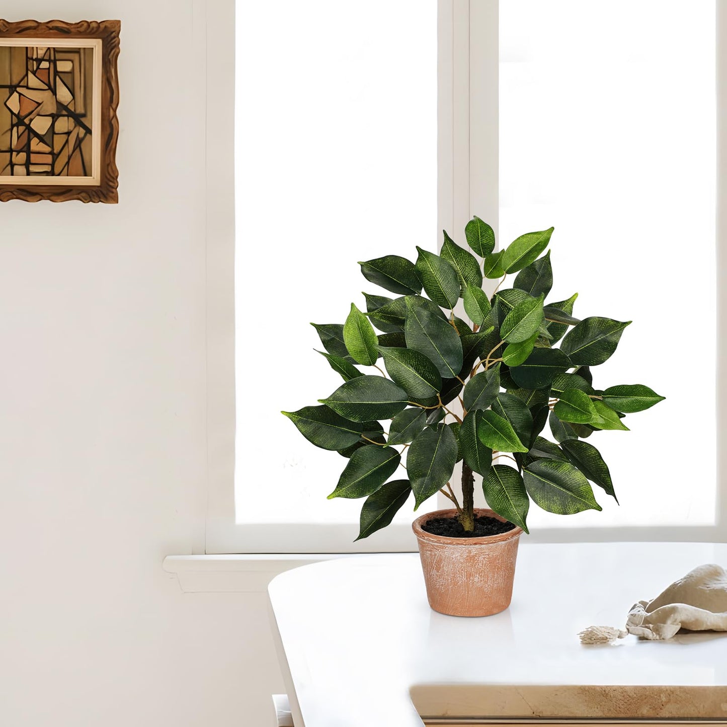 Fake Plant 13" Small Artificial Ficus Plant Faux Ficus Plants Banyan Tree with Rustic Terracotta Pot Silk Plants for Home Decor Indoor Office Living Room Bedroom Shelf Table Centerpieces