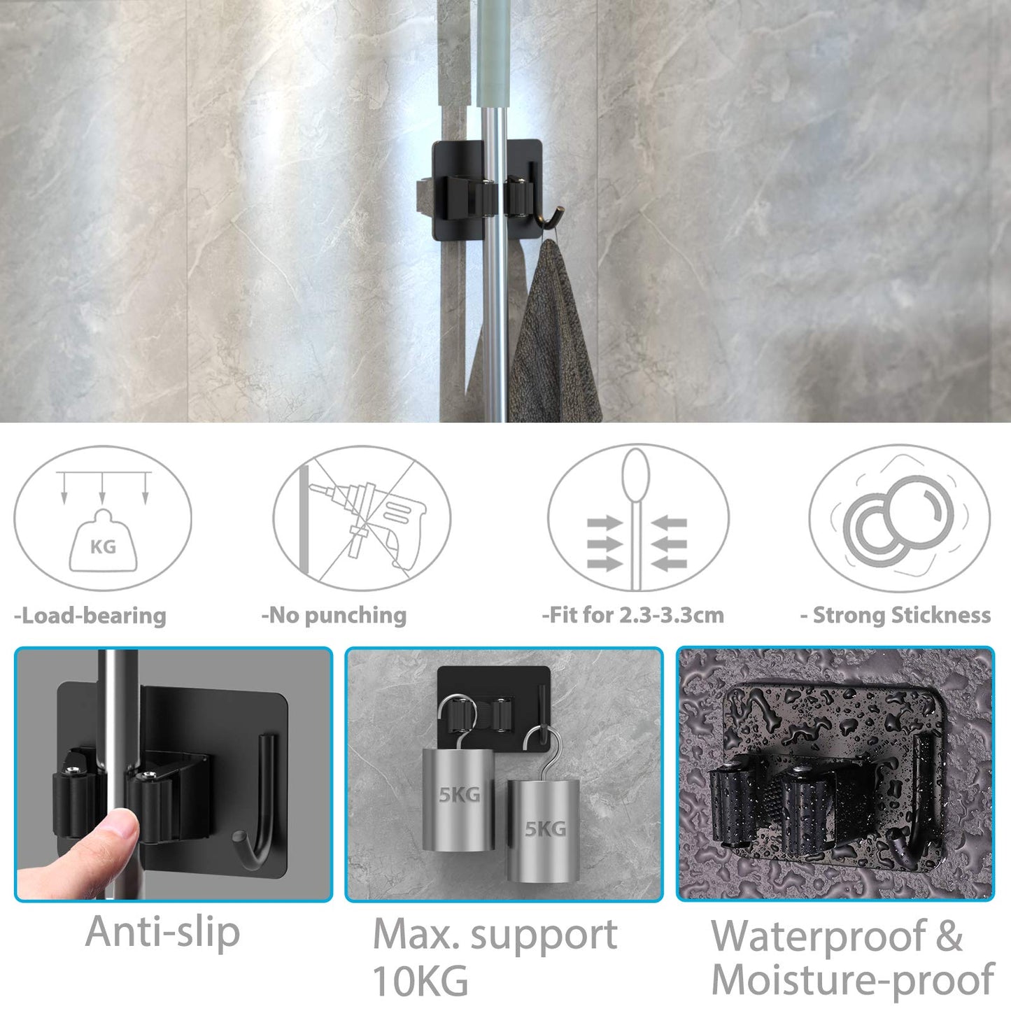 homeasy Mop Broom Holder No Drill, Mop Broom Organizer Wall Mounted Heavy Duty with Hooks Hanger, Self Adhesive Stainless Steel 4Pcs for Bathroom, Kitchen, Office (Black)