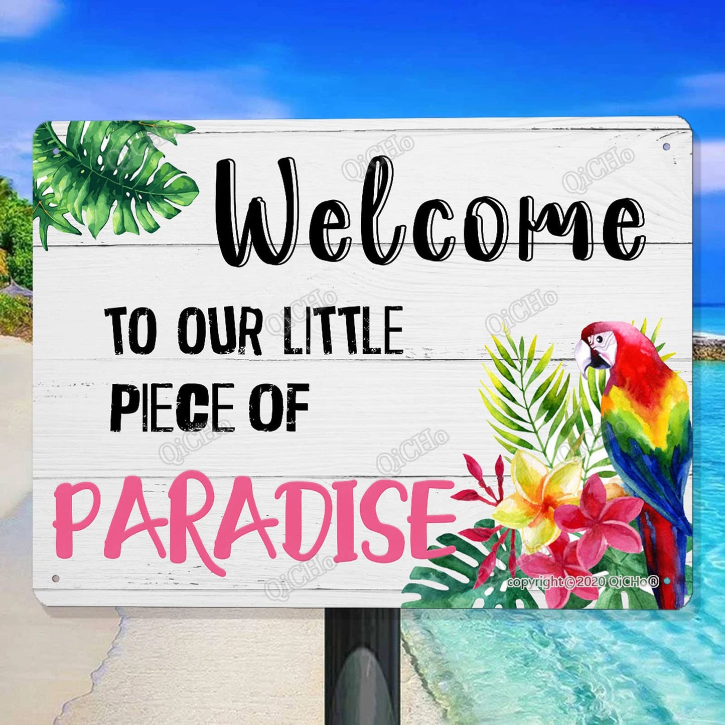 QiCHo Welcome To Our Little Paradise Sign, 8"X12" All Weather Metal Sign, Outdoor Pool Sign, Fun Wall Decoration