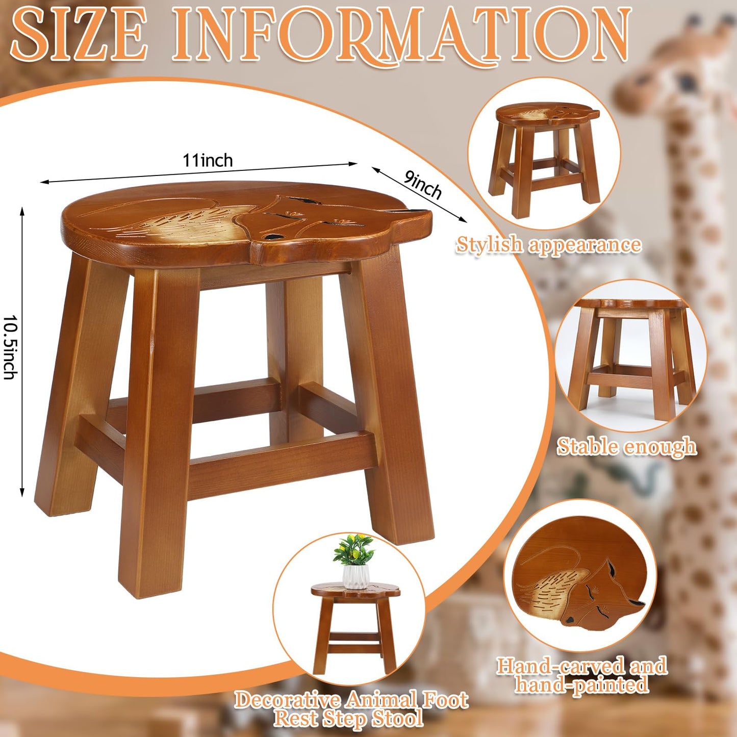 Beeveer Fox Hand-Carved Wood Foot Stool 11 Inch Decorative Animal Foot Stool Fox Wood Decorative for Planter Kitchen