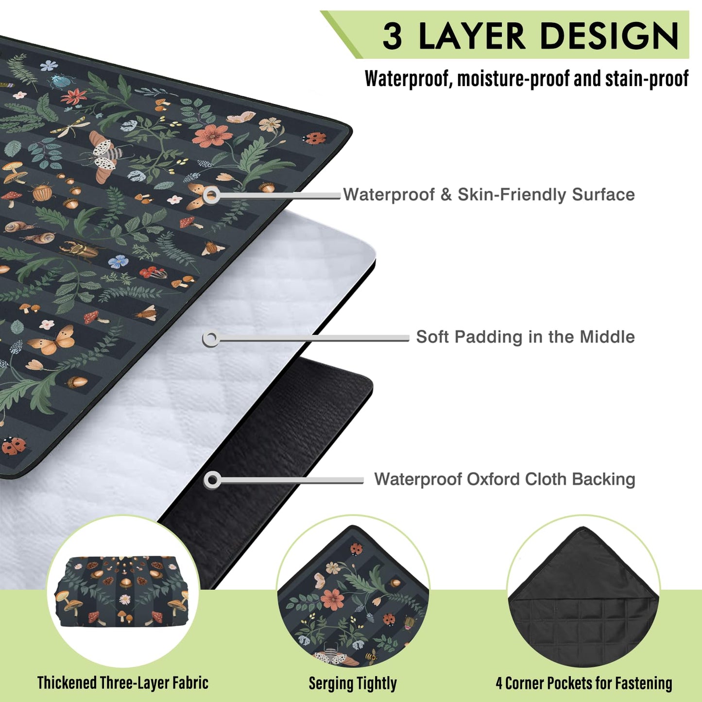 Mushroom Picnic Blankets Waterproof Foldable, 60″X80″ Packable Picnic Mat Insect Outdoor Blanket for Grass, Boho Large Beach Blanket Sandproof Picnic Accessories for Camping Music Festival Park Lawn