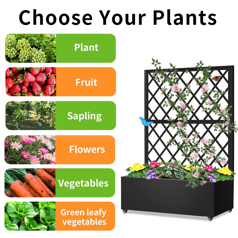 Metal Planter Box with Privacy Screen Trellis,Galvanized Raised Garden Bed On Wheels for Climbing Plants Vines, Standing Garden Flower Bed with Drainage Holes (Black, 35" L x16 W x 55" H)