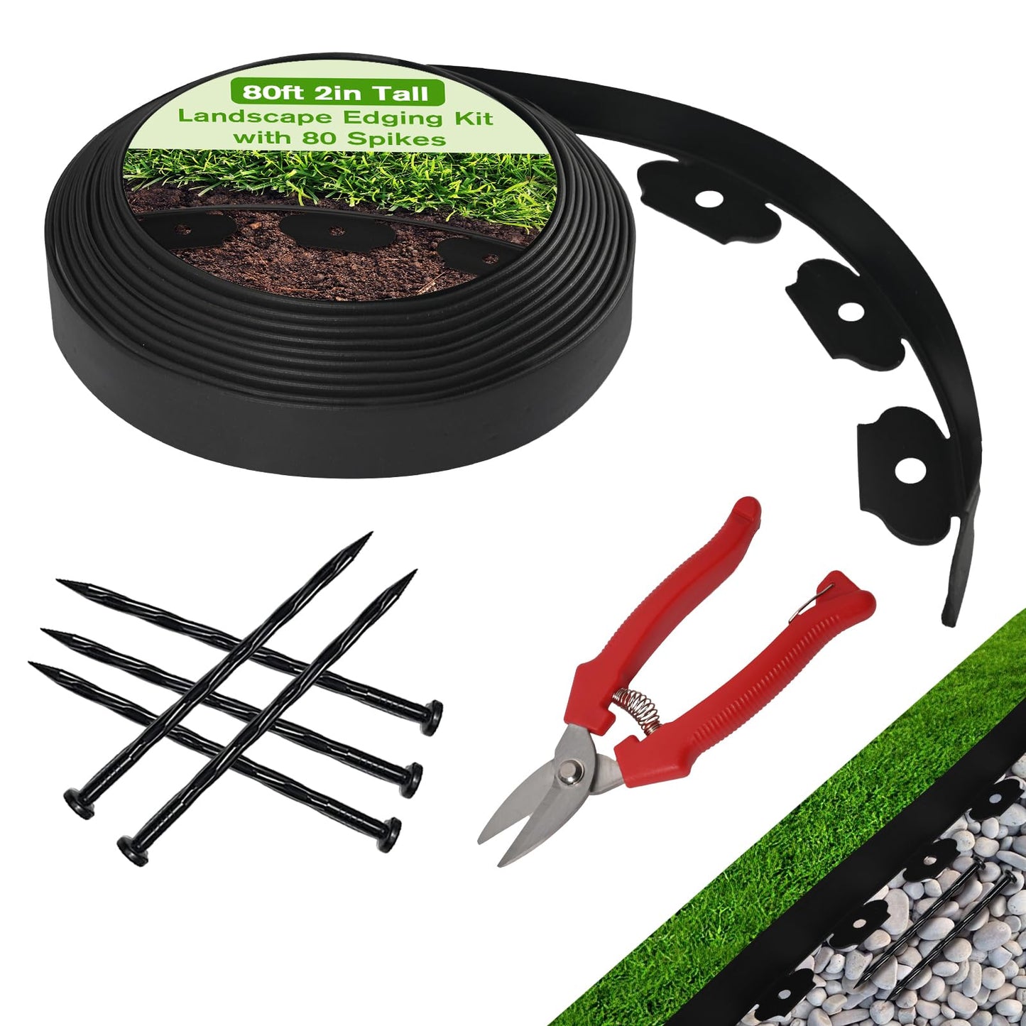 Landscape Edging Border Kit, No Dig Garden Edging Border 30ft 2in Tall with Scissors and 30 Spikes for Landscaping Border Edging Flower Bed Edging Borders