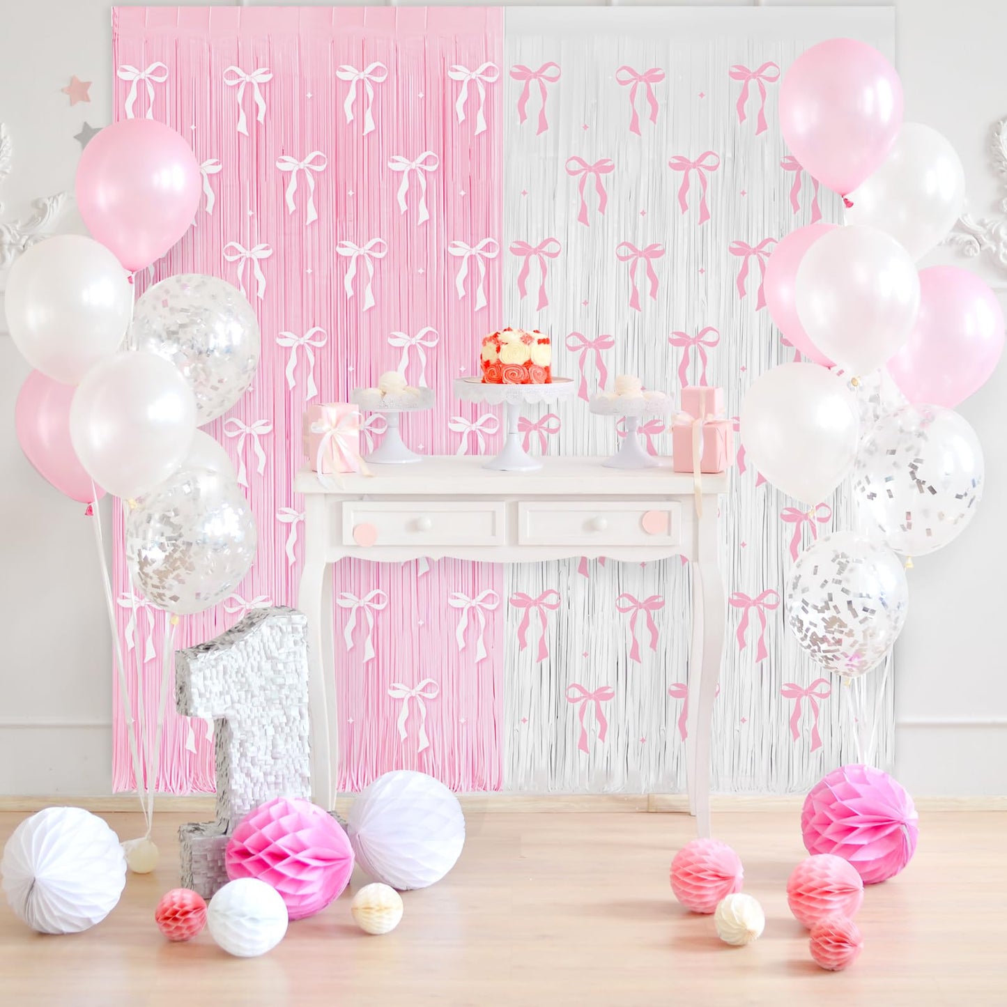 4 Pack Pink Bow Party Backdrop Decoration Pink Bow Foil Fringe Curtains for Girls Bow Birthday Baby Shower Decorations Bridal Shower Bachelorette Party Decor Supplies 3.2ft X 8.2ft