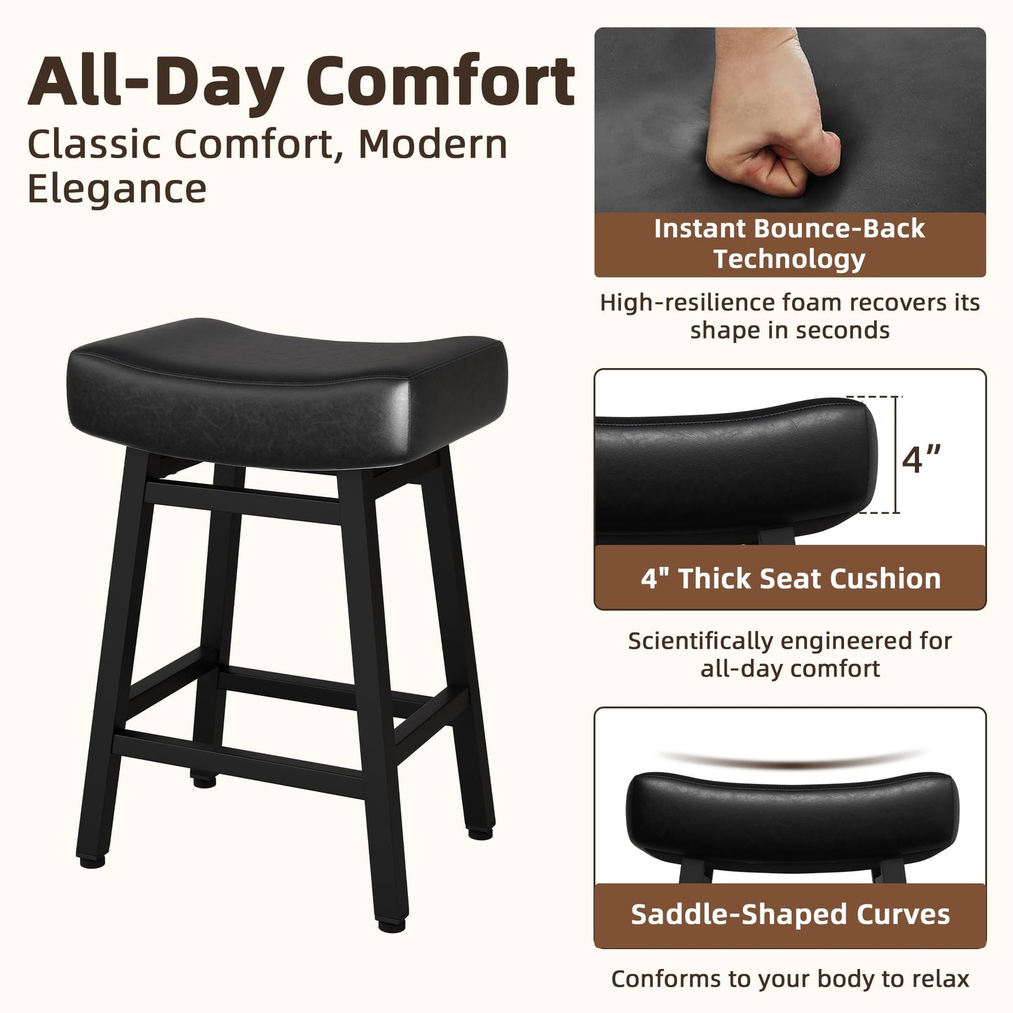 LONXIU Counter Height Bar Stools Set of 2, 24 Inch Backless BarStools for Kitchen Island Leather Saddle Bar Chairs Kitchen Stools with 4" Thick Seats & Heavy Duty Metal Base, Black